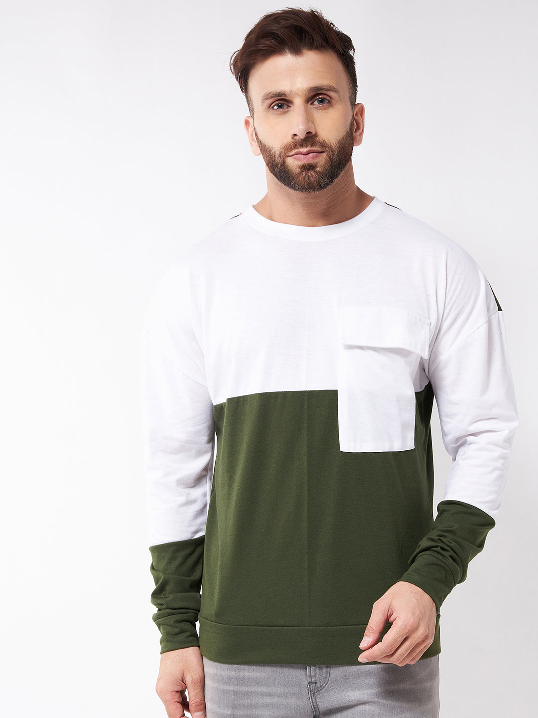 Oversized White and Olive Green T-Shirt