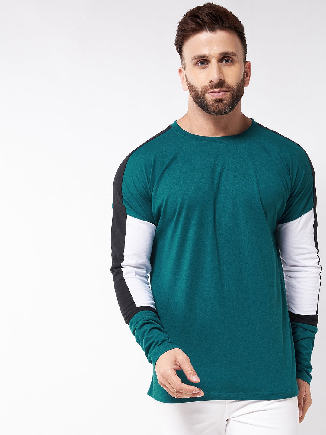Turquoise and White Full Sleeve Color Block  T-Shirt