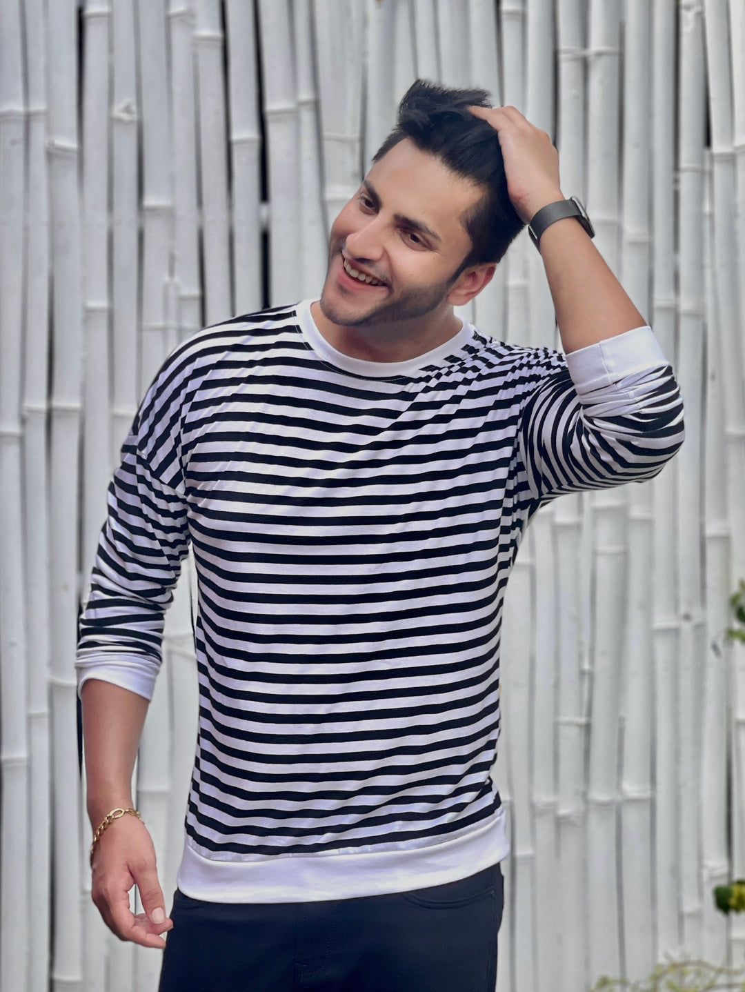 Oversized White Black Striper Full Sleeves Drop Shoulder T-Shirt
