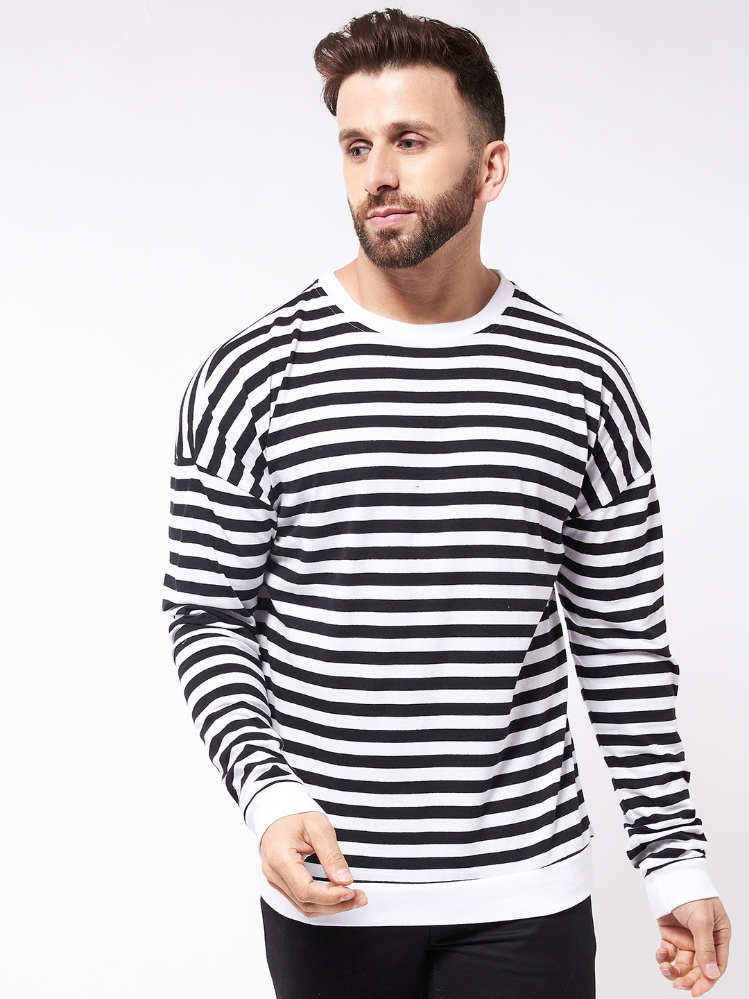 Oversized White Black Striper Full Sleeves Drop Shoulder T-Shirt