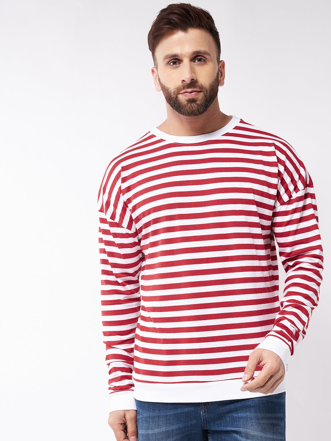 Oversize White Red Striper Full Sleeve Drop Shoulder T-Shirt