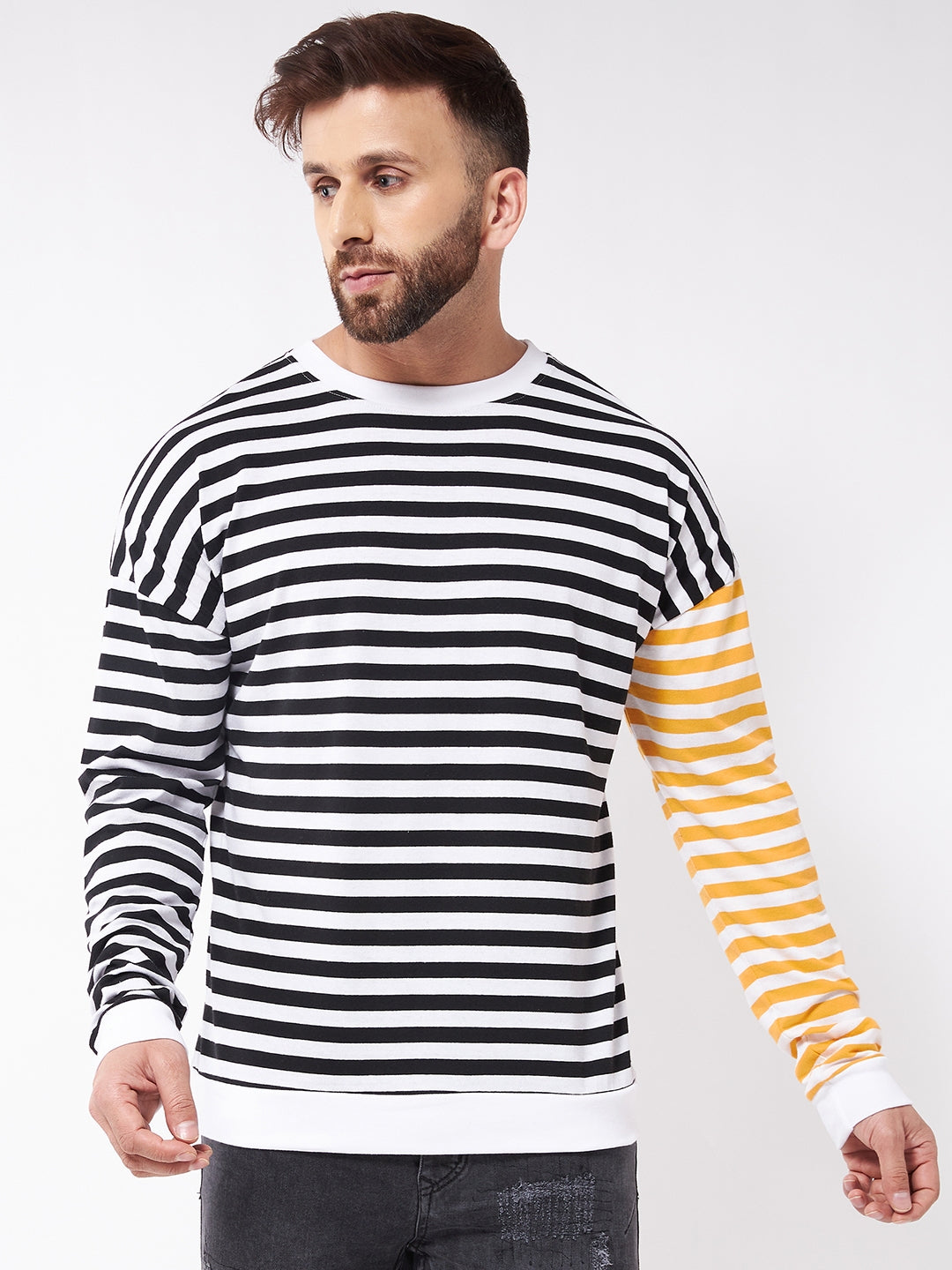 Oversized White Black Stripe Printed Drop Shoulder T-Shirt