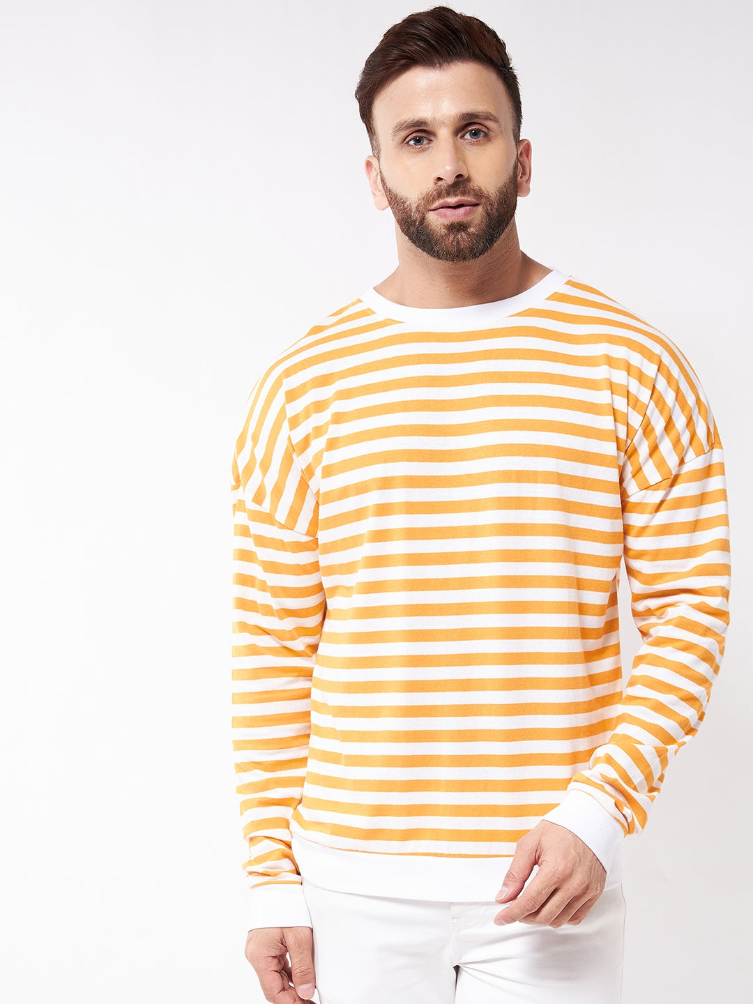 Oversized White Yellow Stripe Printed Full Sleeve Drop Shoulder T-Shirt