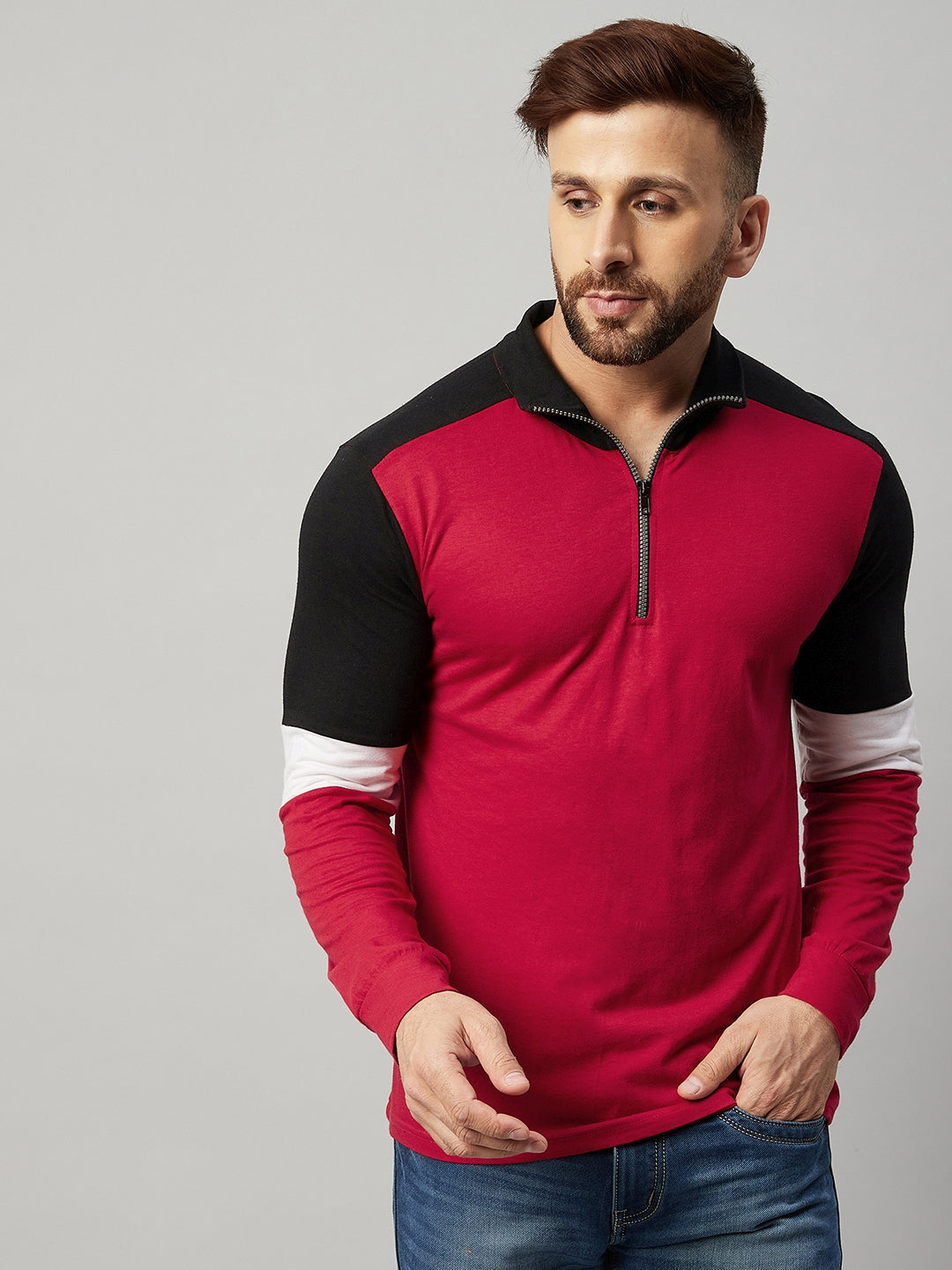 Red Full Sleeve  Color Block T-Shirt