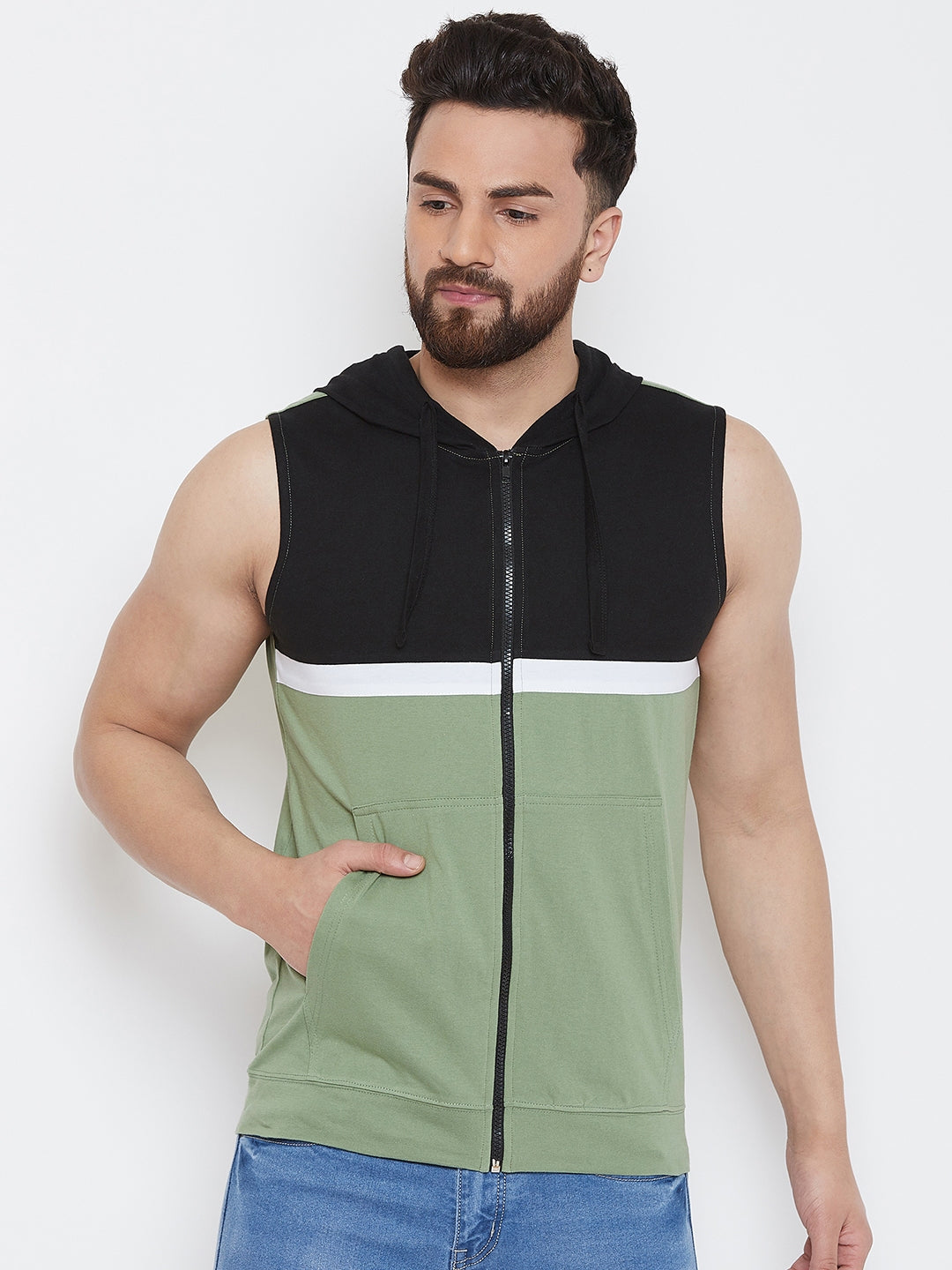Moss Green/Black/White Sleeveless Hooded Zipper T-shirt Jacket