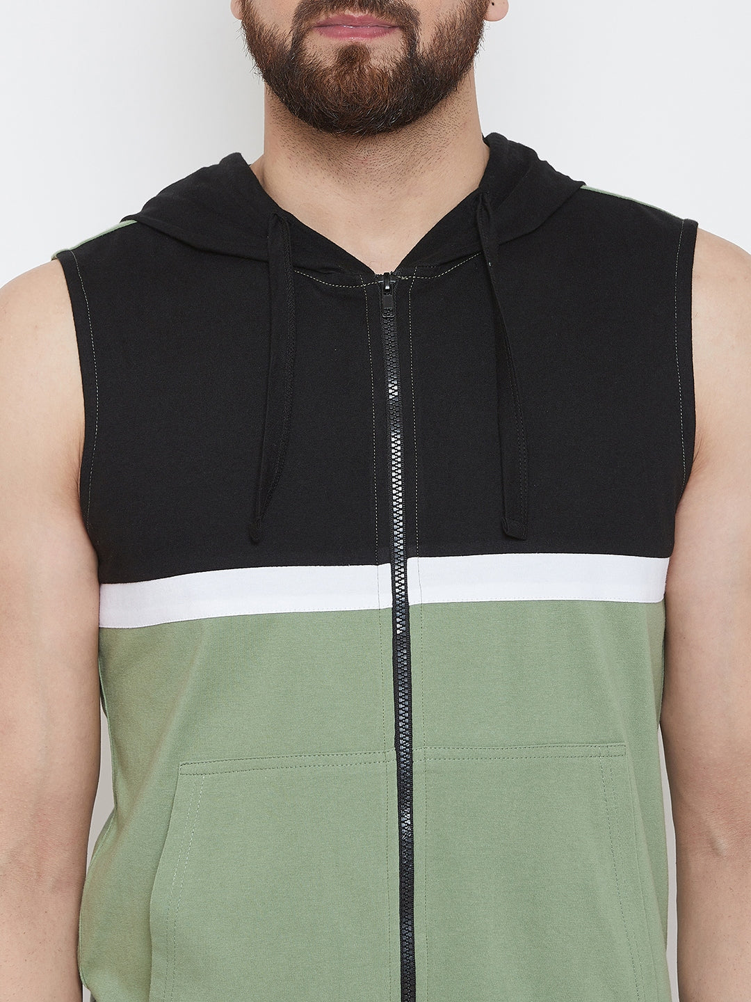 Moss Green/Black/White Sleeveless Hooded Zipper T-shirt Jacket
