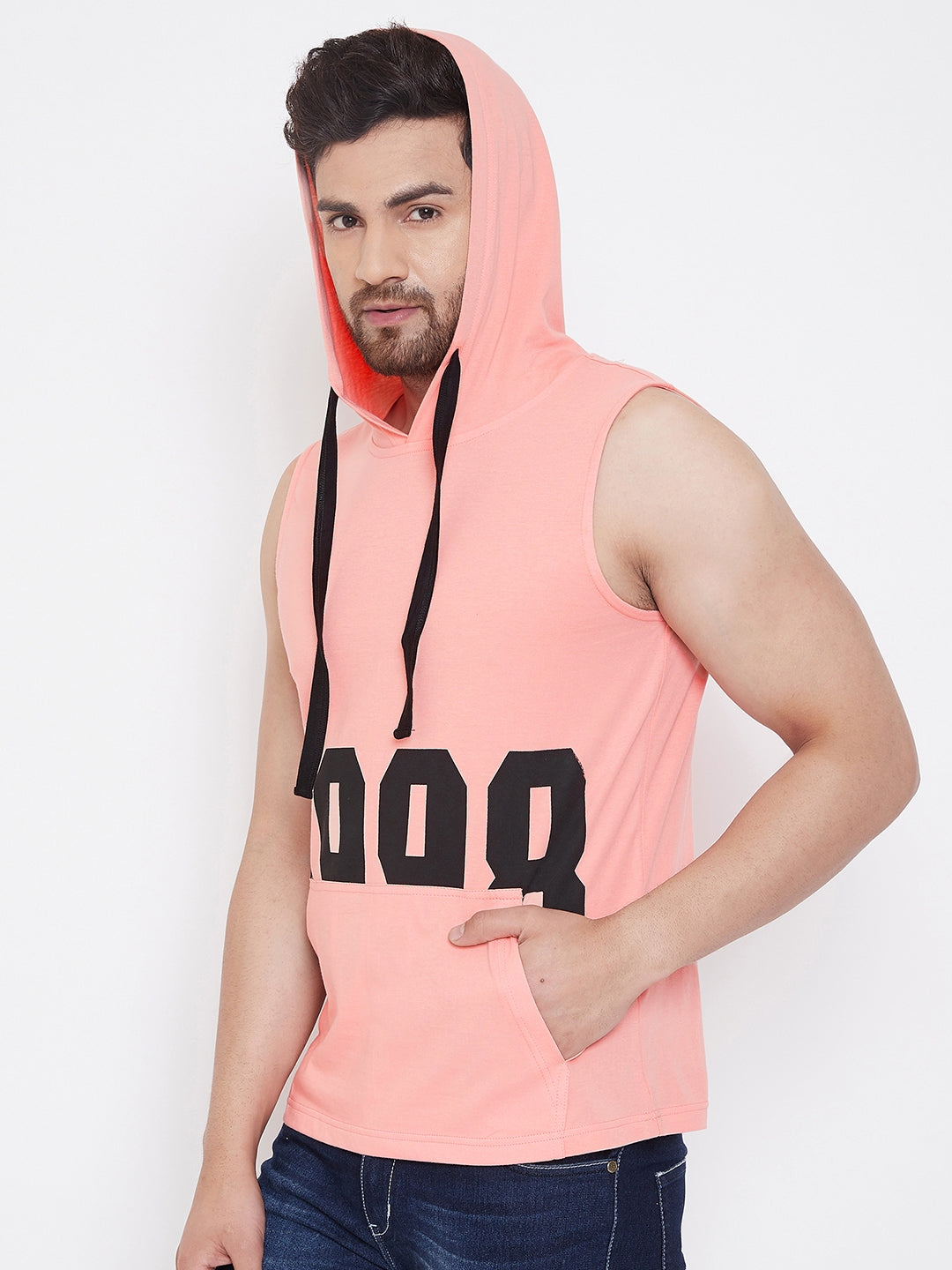 Coral Men's  Gym Hooded Printed Sleeveless T-Shirt