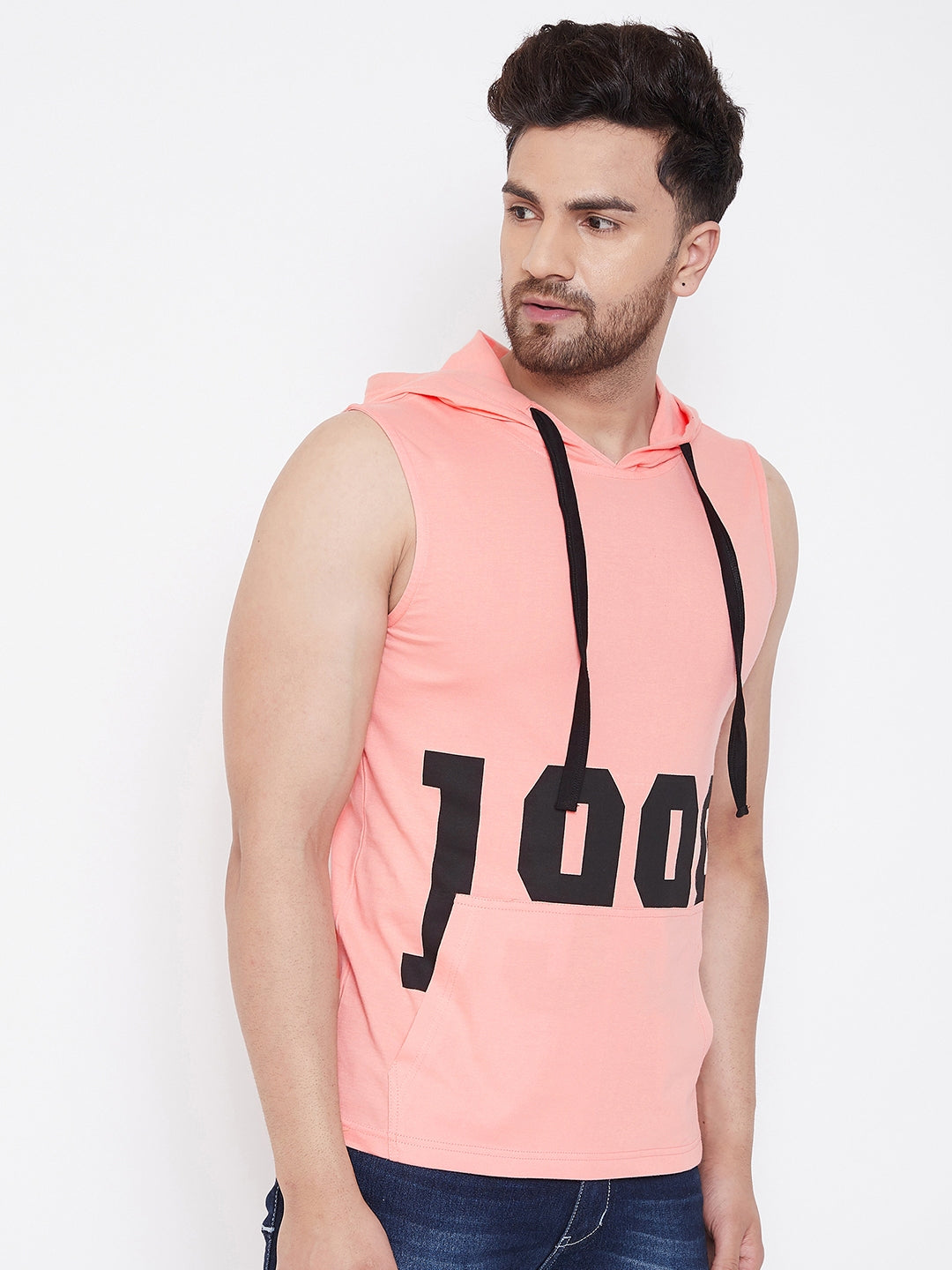 Coral Men's  Gym Hooded Printed Sleeveless T-Shirt