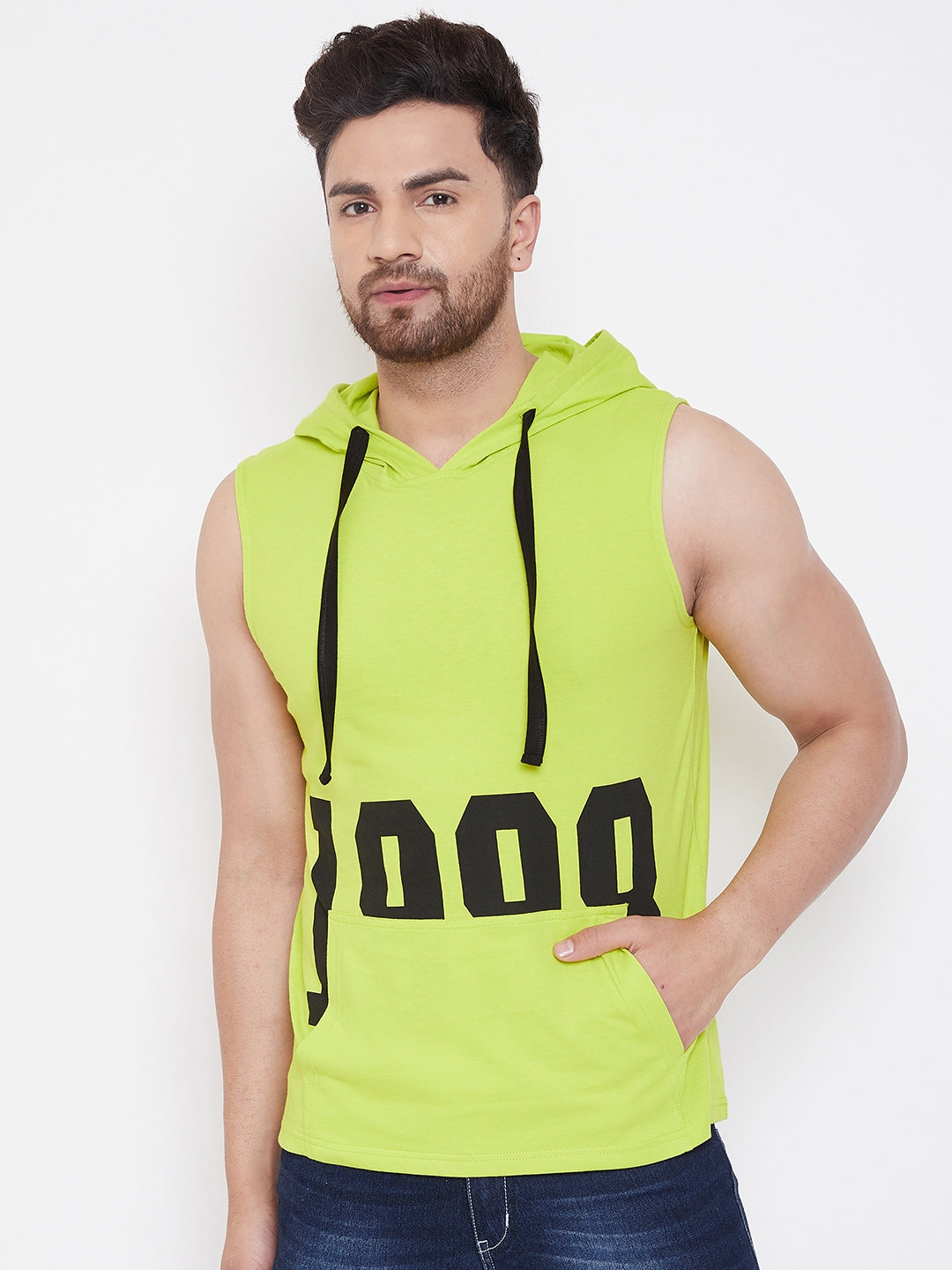 Neon Green Men's  Gym Hooded Printed Sleeveless T-Shirt