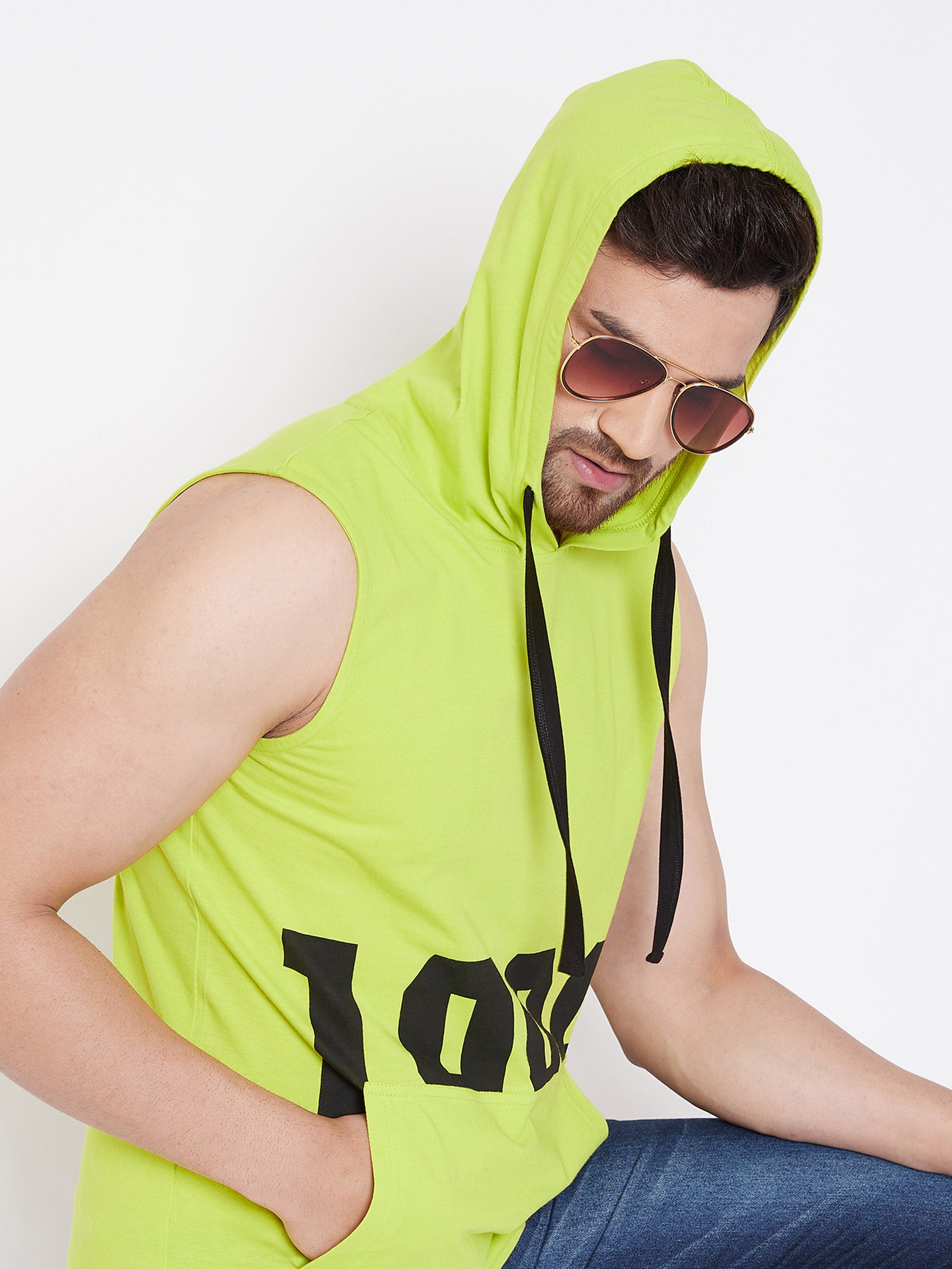 Neon Green Men's  Gym Hooded Printed Sleeveless T-Shirt