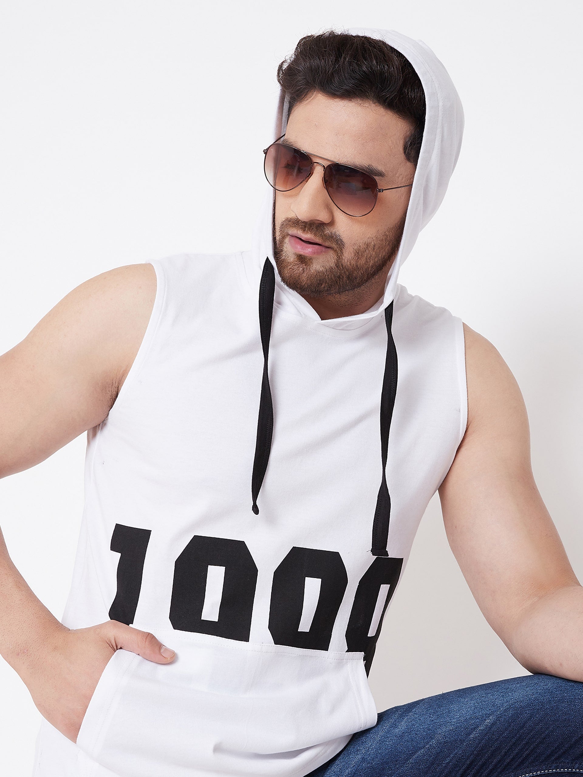White Men's  Gym Hooded Printed Sleeveless T-Shirt