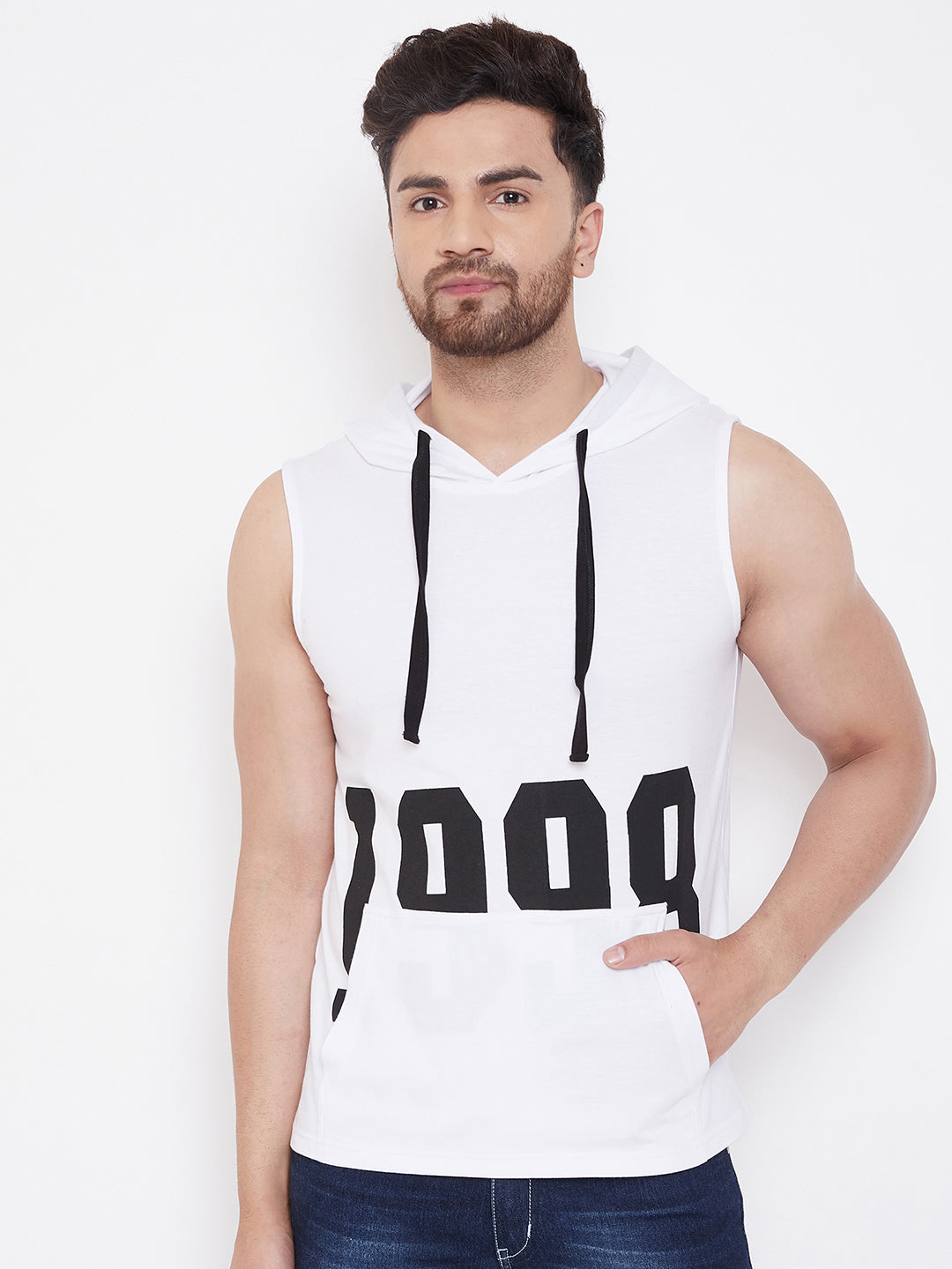 White Men's  Gym Hooded Printed Sleeveless T-Shirt