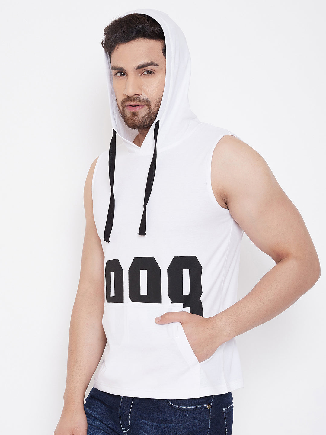 White Men's  Gym Hooded Printed Sleeveless T-Shirt