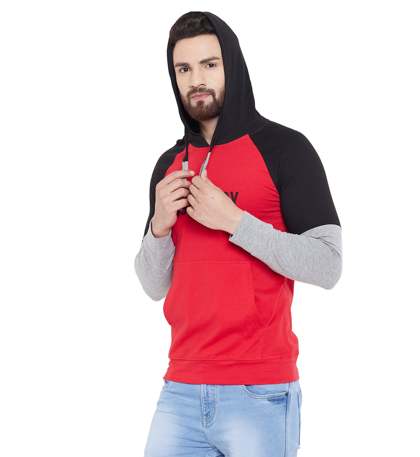 Red/Black/Grey Melange Printed Hooded Full Sleeves T-Shirt