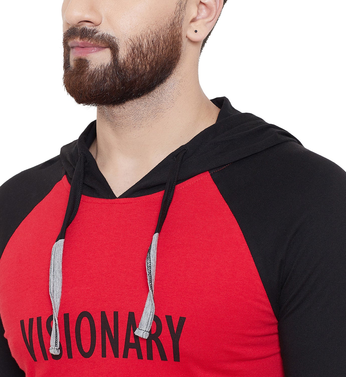 Red/Black/Grey Melange Printed Hooded Full Sleeves T-Shirt