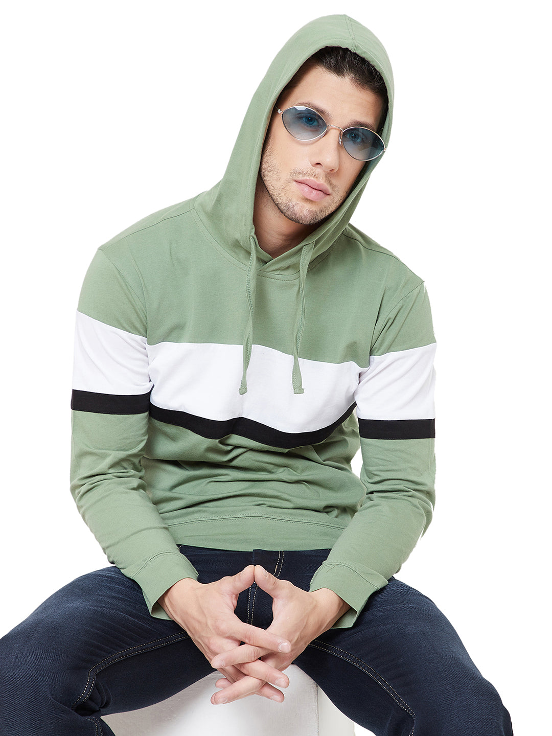 Moss Green/White/Black Men Full Sleeves Hooded T-Shirt