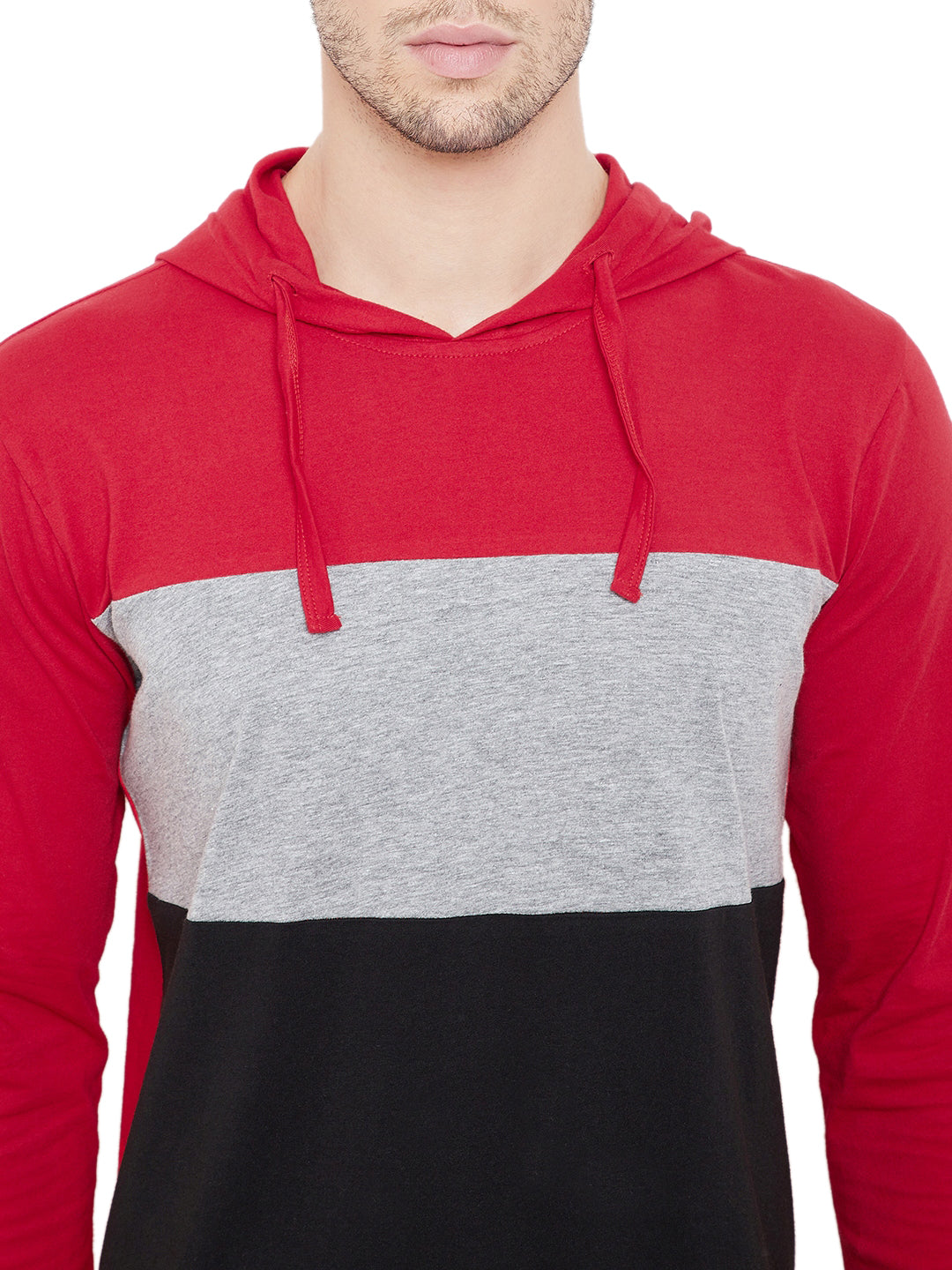 Red/Grey Melange/Black Men Full Sleeves Hooded T-Shirt
