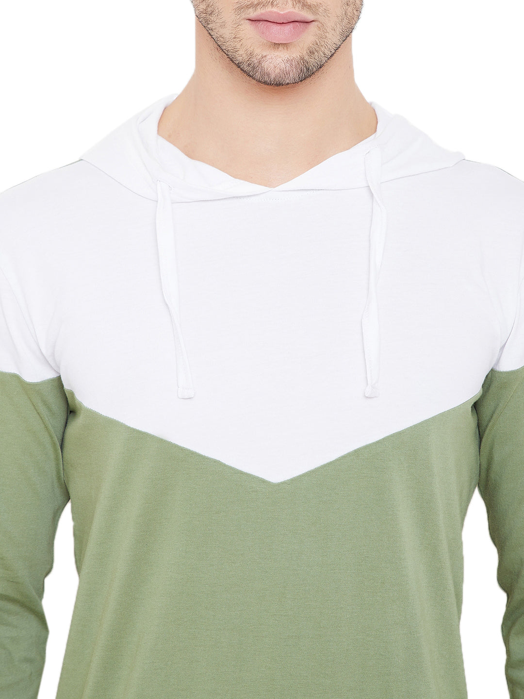 White/Moss Green Men Full Sleeves Hooded T-Shirt