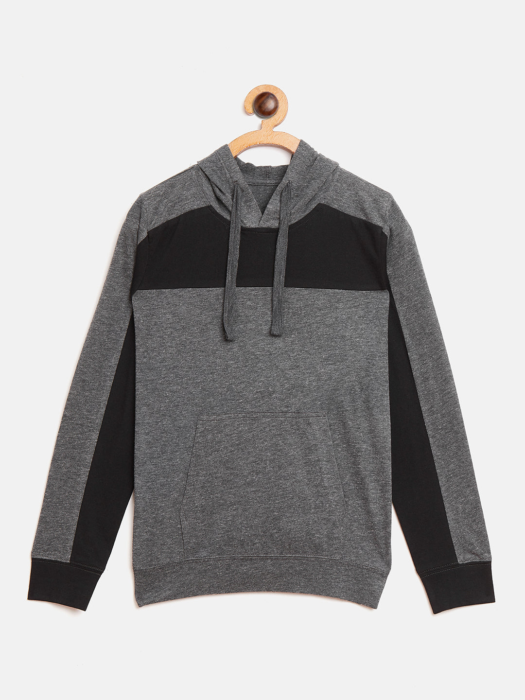 Anthramelange/Black Kids Full Sleeves Color Block Hooded T-Shirt