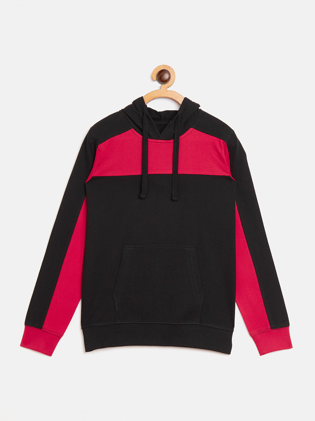 Black/Red Kids Full Sleeves Color Block Hooded T-Shirt