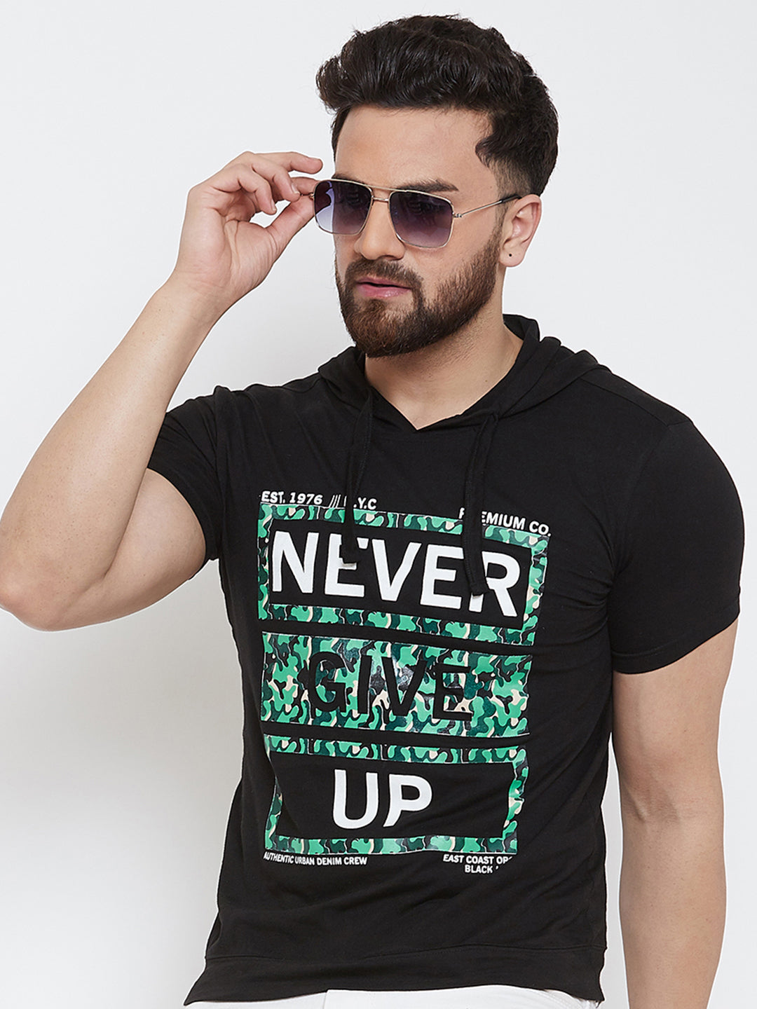 Black Printed Half Sleeve Hooded T-Shirt