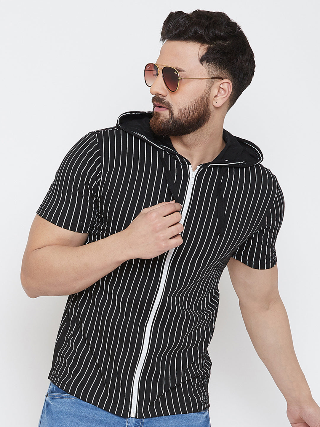 Black/White Striper Half Sleeve Zipper Hoodie