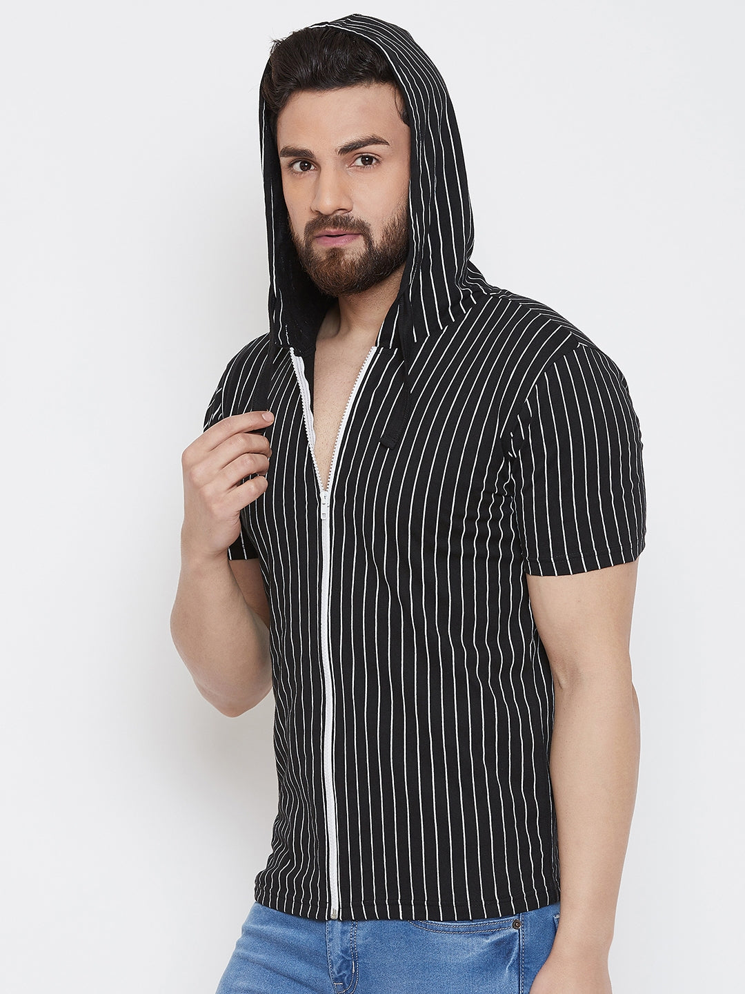 Black/White Striper Half Sleeve Zipper Hoodie
