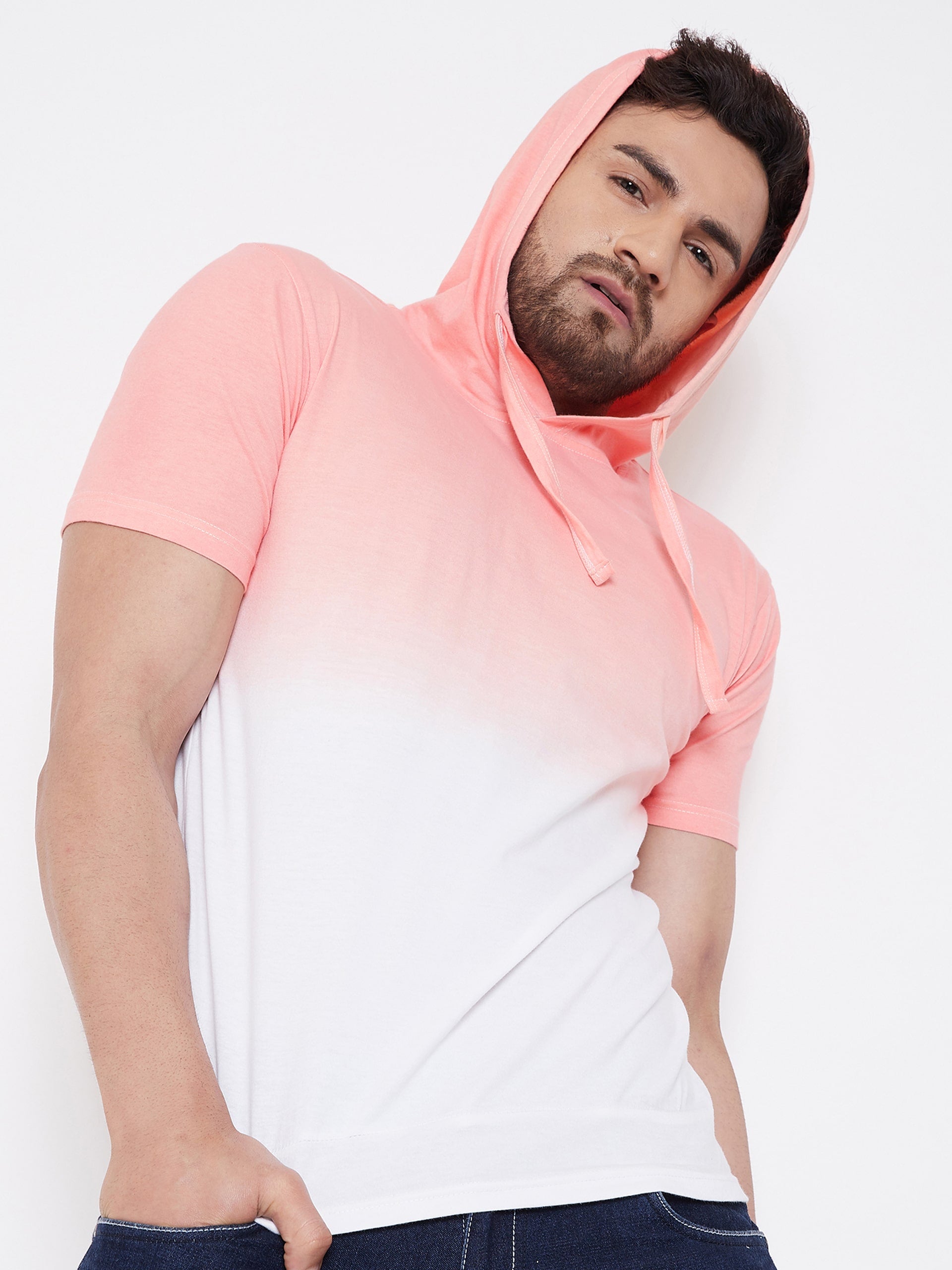 White/Coral Men's  Tie & Dye Hooded T-Shirt