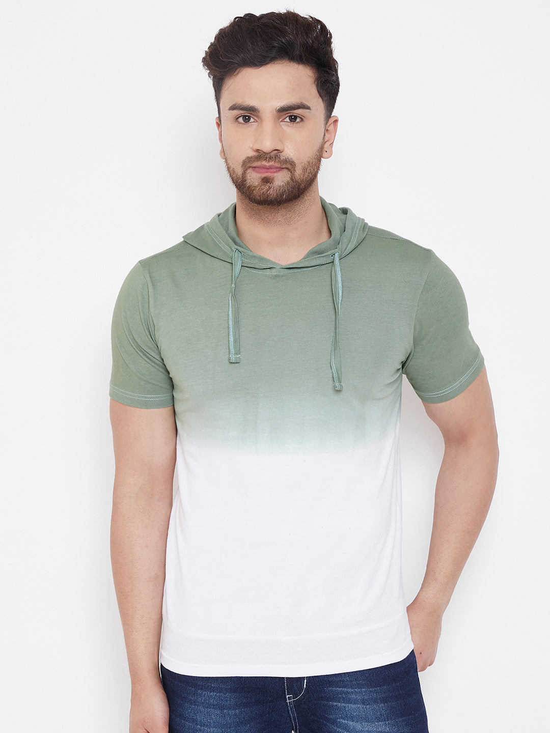 White/Moss Green Men's  Tie & Dye Hooded T-Shirt