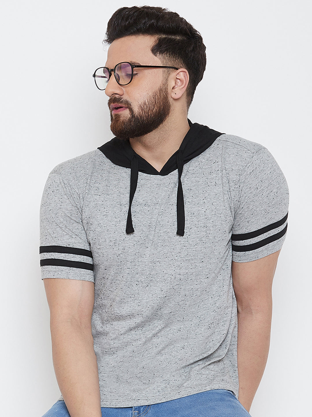 Grey Melange/Black Half Sleeve Hooded T-Shirt