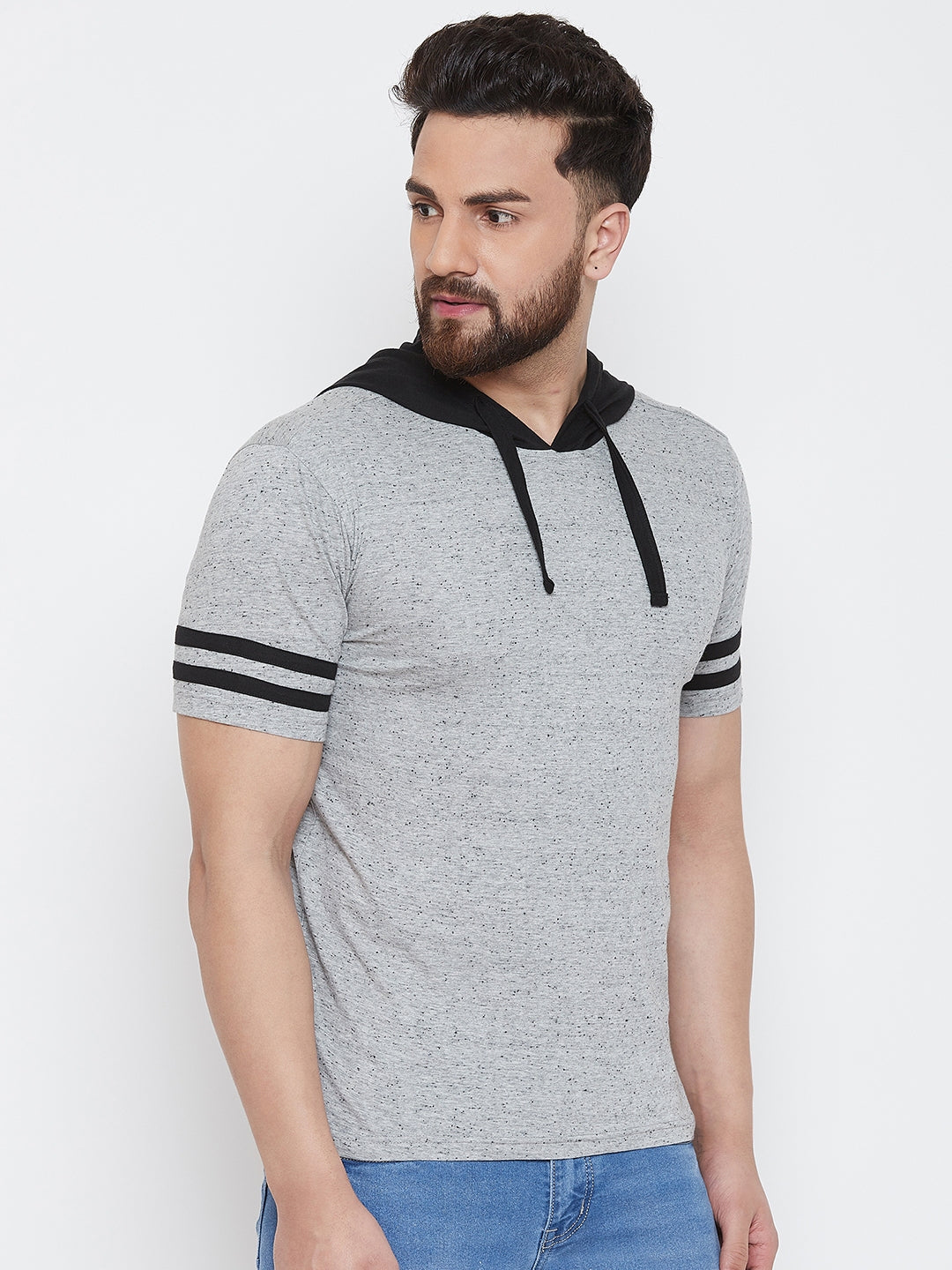 Grey Melange/Black Half Sleeve Hooded T-Shirt