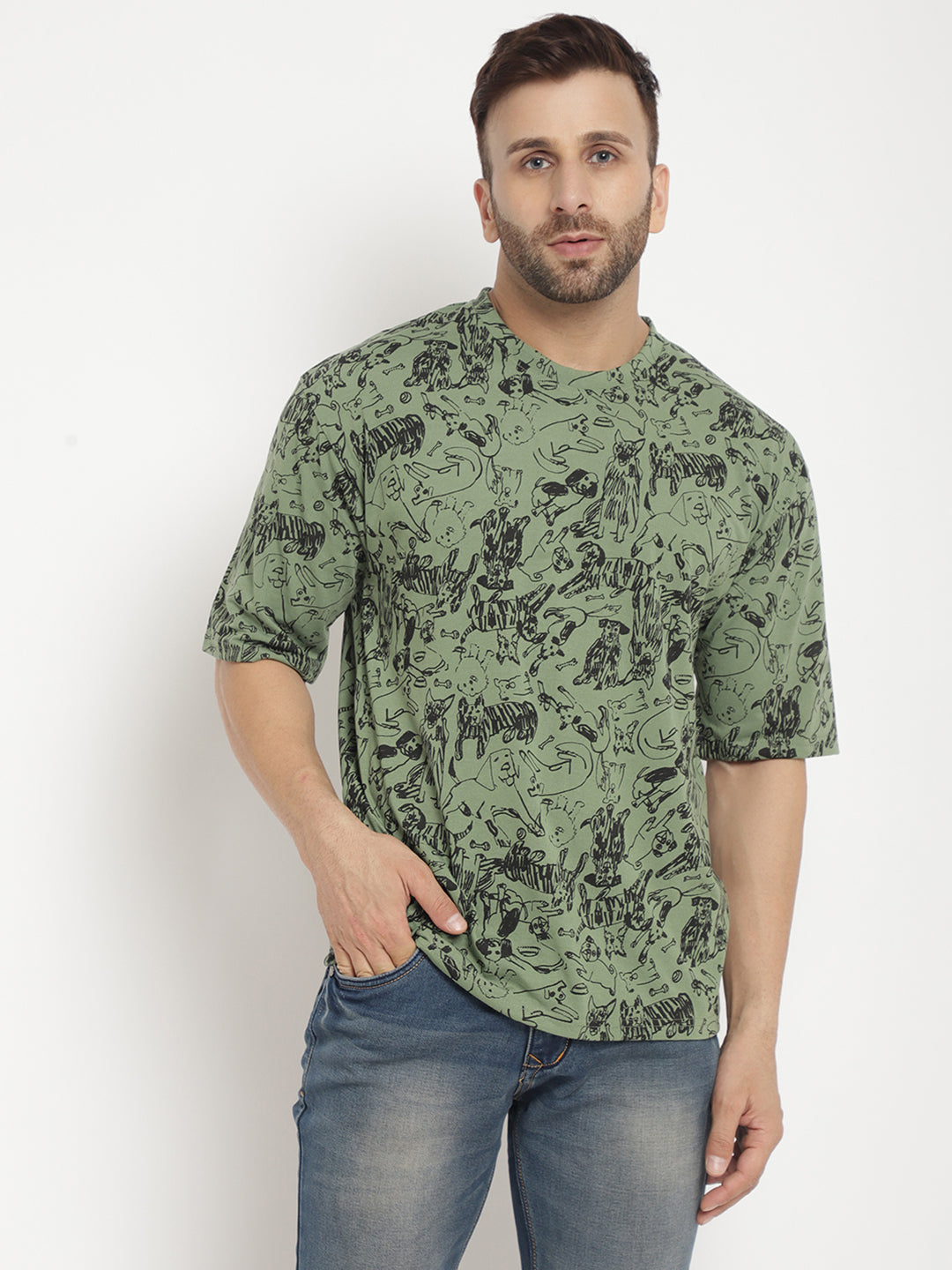 Oversized Green Half Sleeve Graphic  T-Shirt