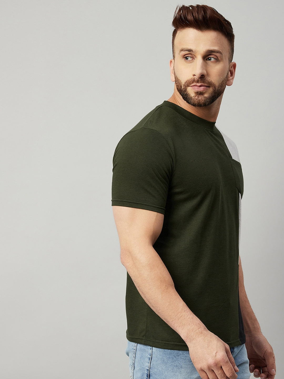 Olive Green Half Sleeve  Color Block T-Shirt