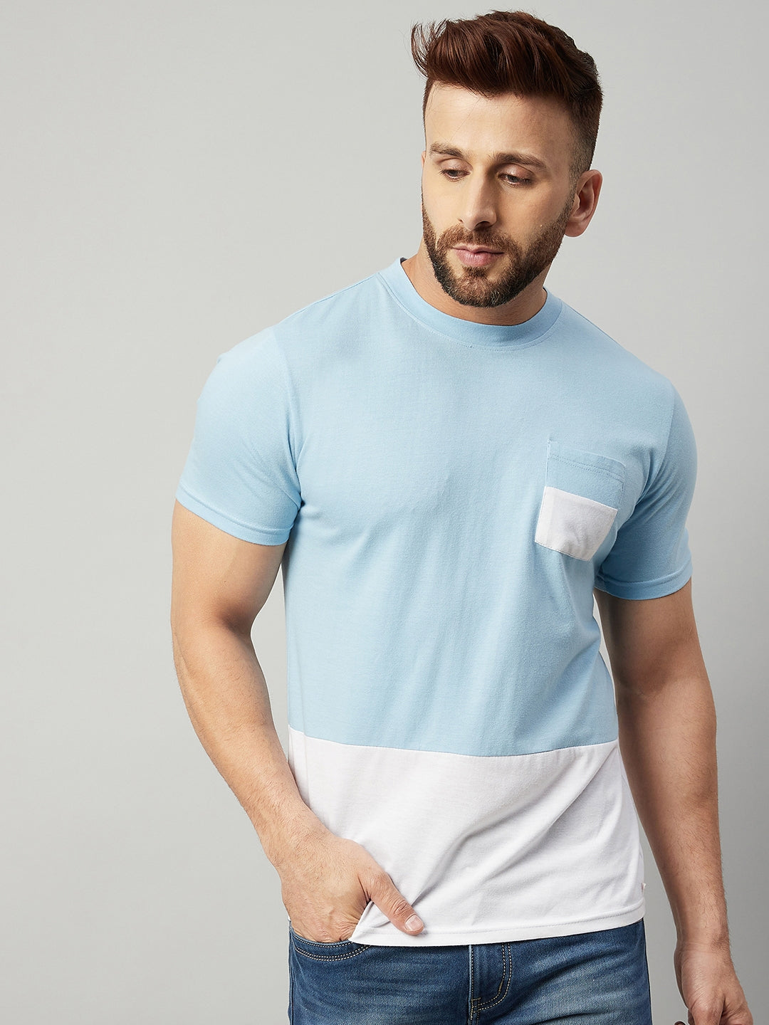 Sky Blue and White Round Neck  Color Block T-Shirt
