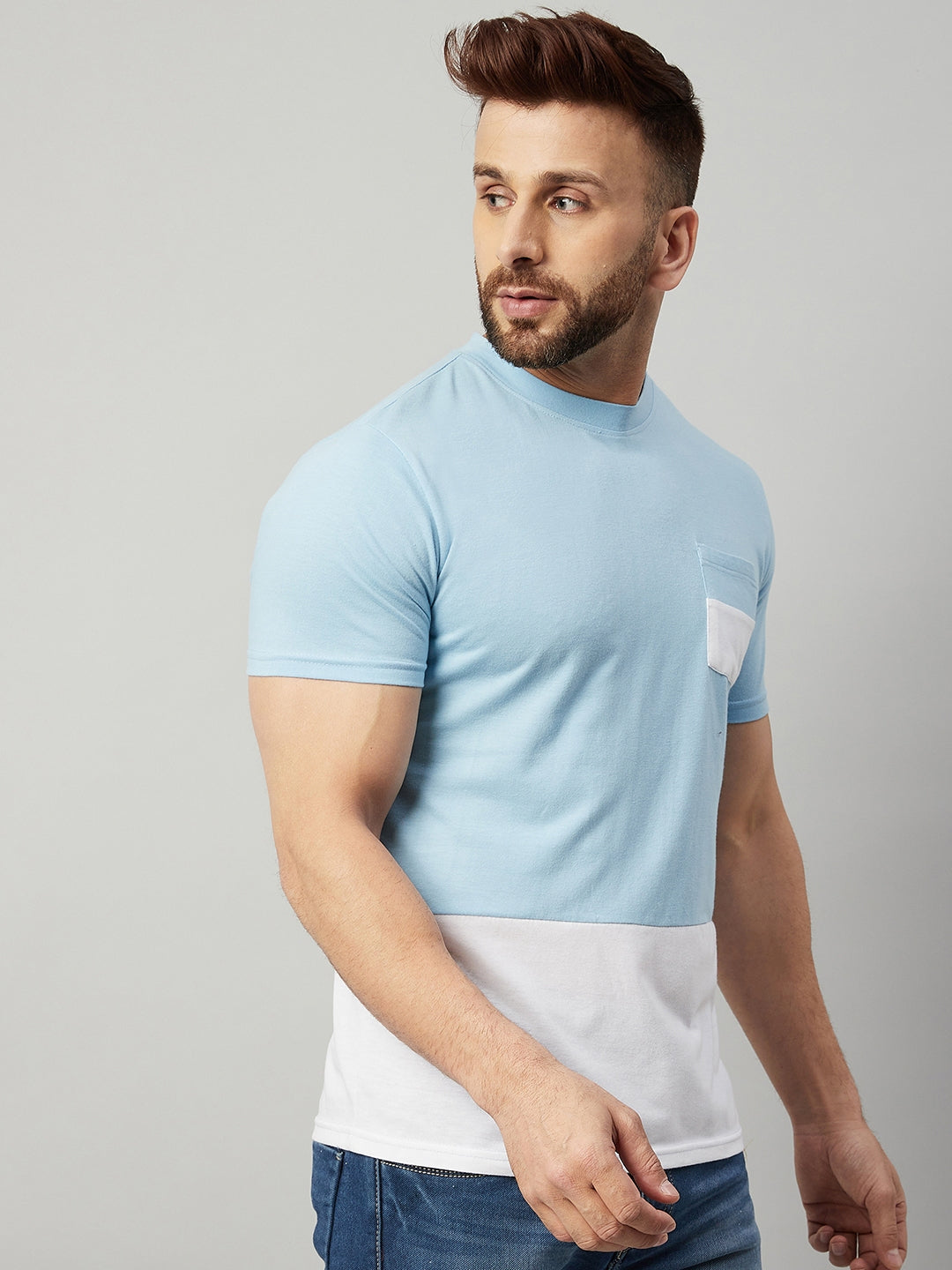 Sky Blue and White Round Neck  Color Block T-Shirt