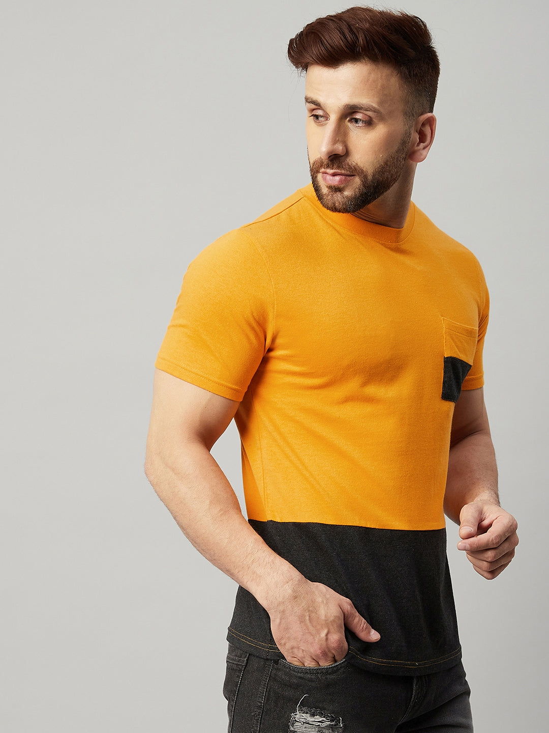Yellow and Dark Grey Round Neck  Color Block T-Shirt