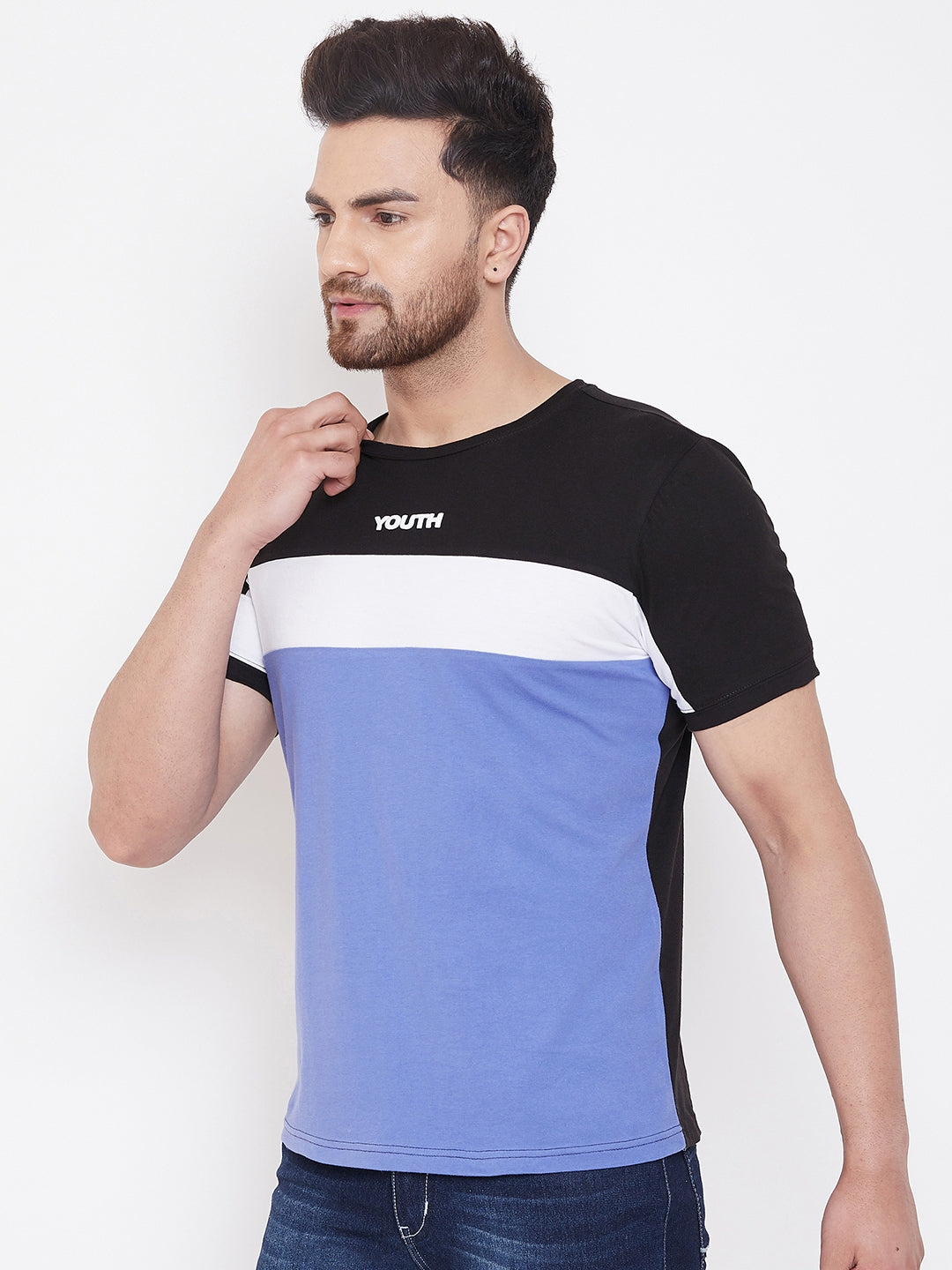 Black/White/Blue Printed Men's Half Sleeves Round Neck T-Shirt