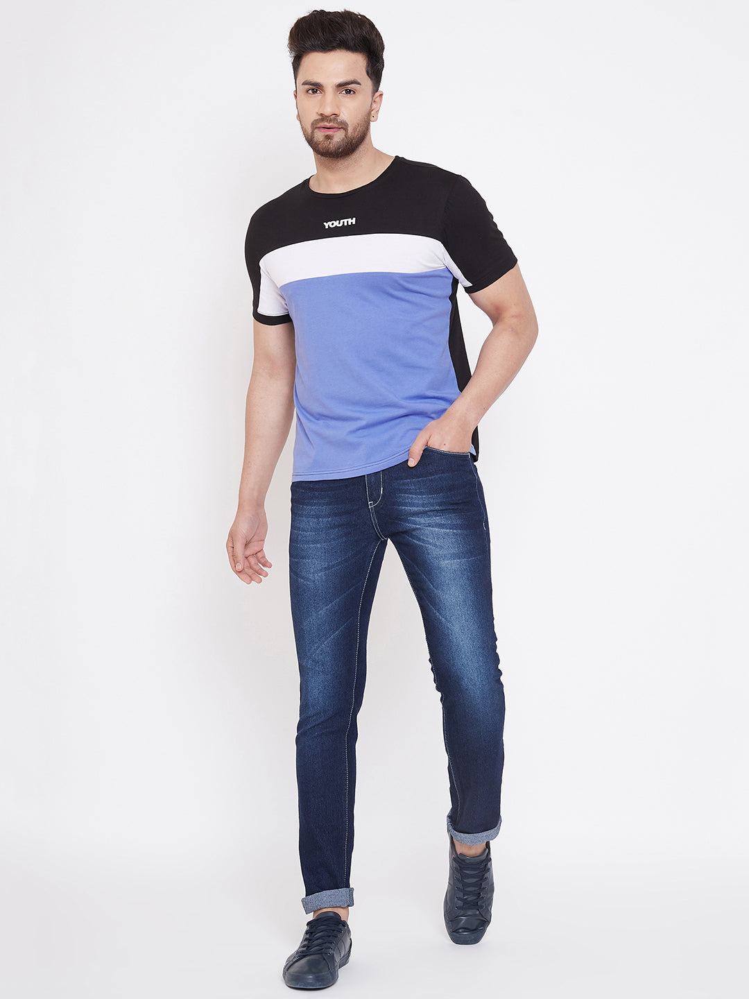 Black/White/Blue Printed Men's Half Sleeves Round Neck T-Shirt