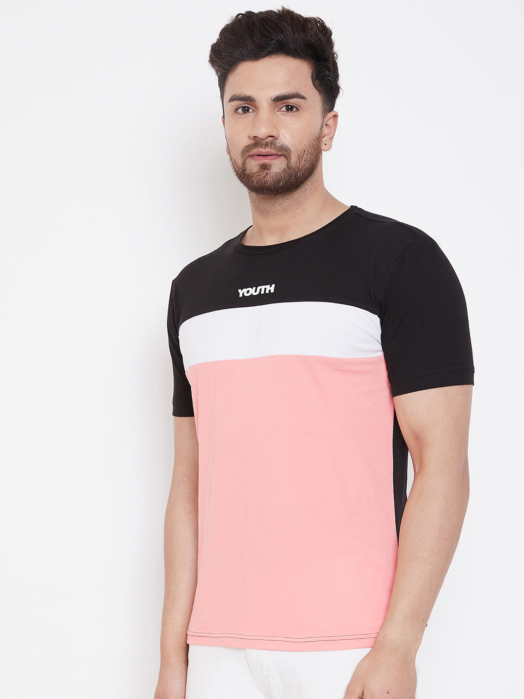 Black/White/Coral Printed Men's Half Sleeves Round Neck T-Shirt