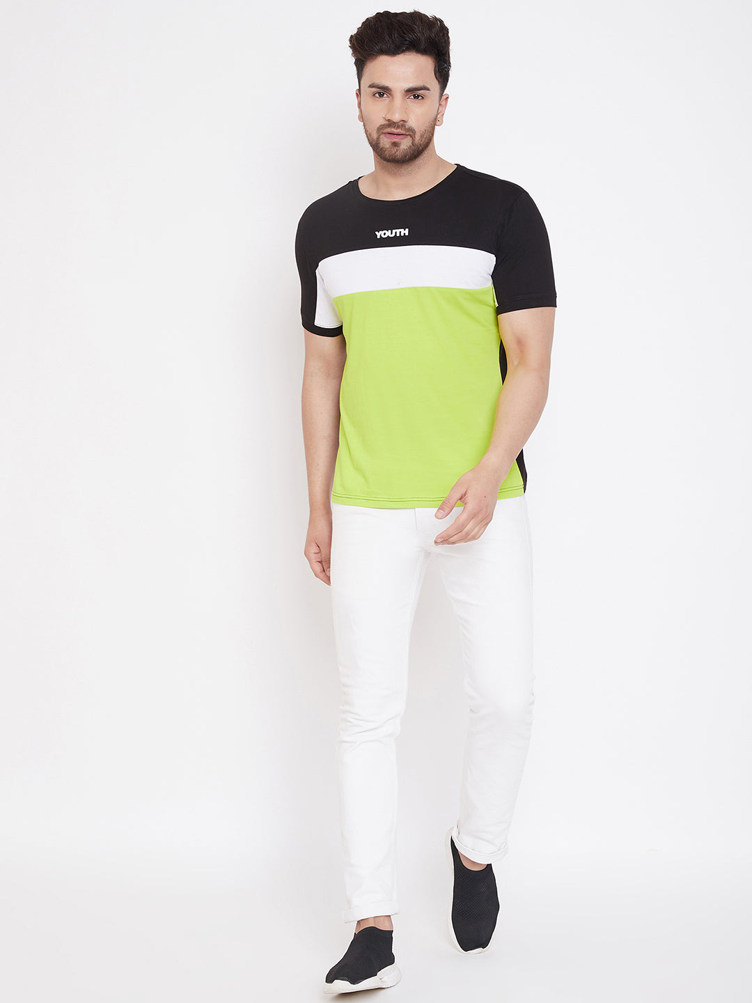 Black/White/Neon Green Printed Men's Half Sleeves Round Neck T-Shirt