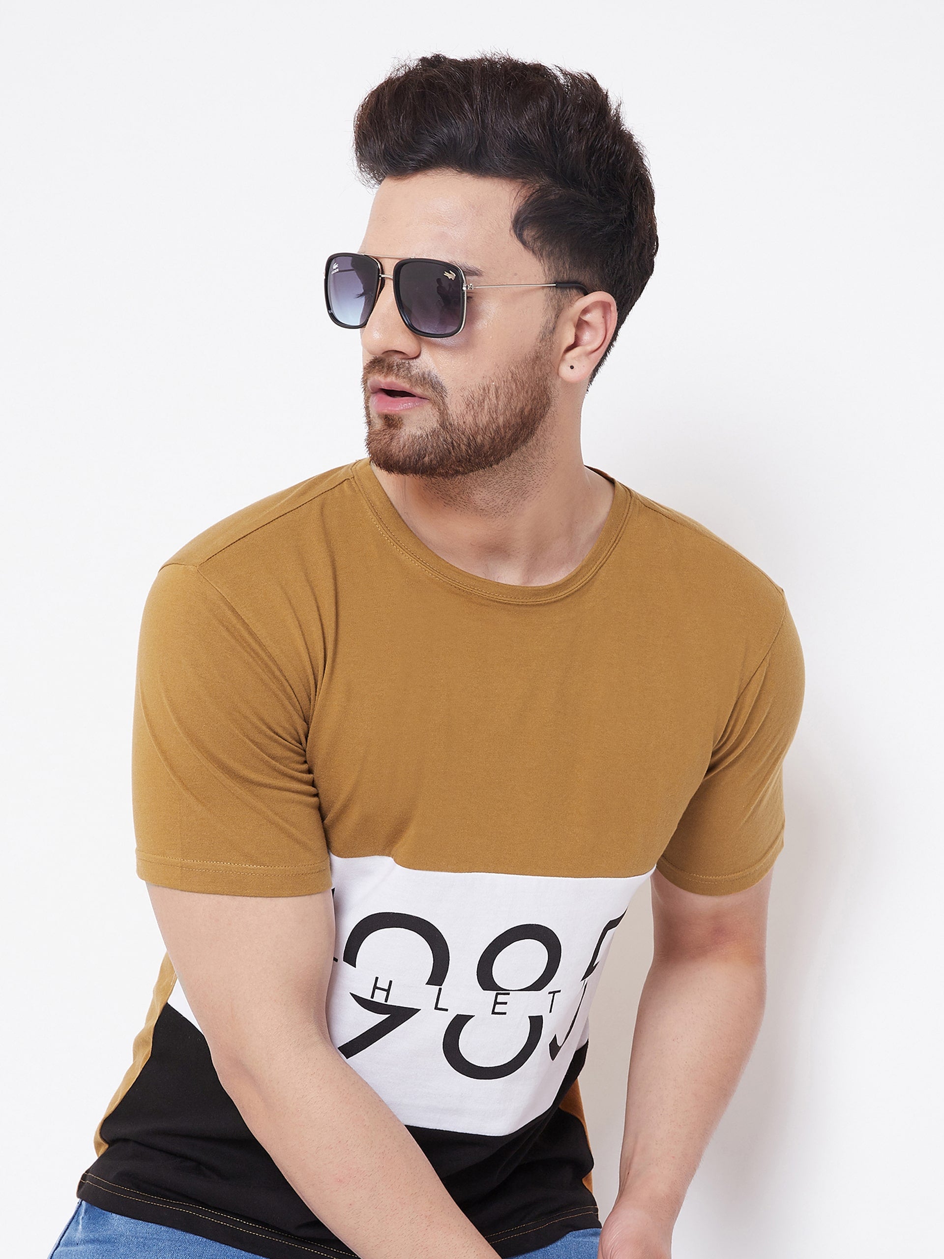 Khaki/White/Black Printed Men's Half Sleeves Round Neck T-Shirt