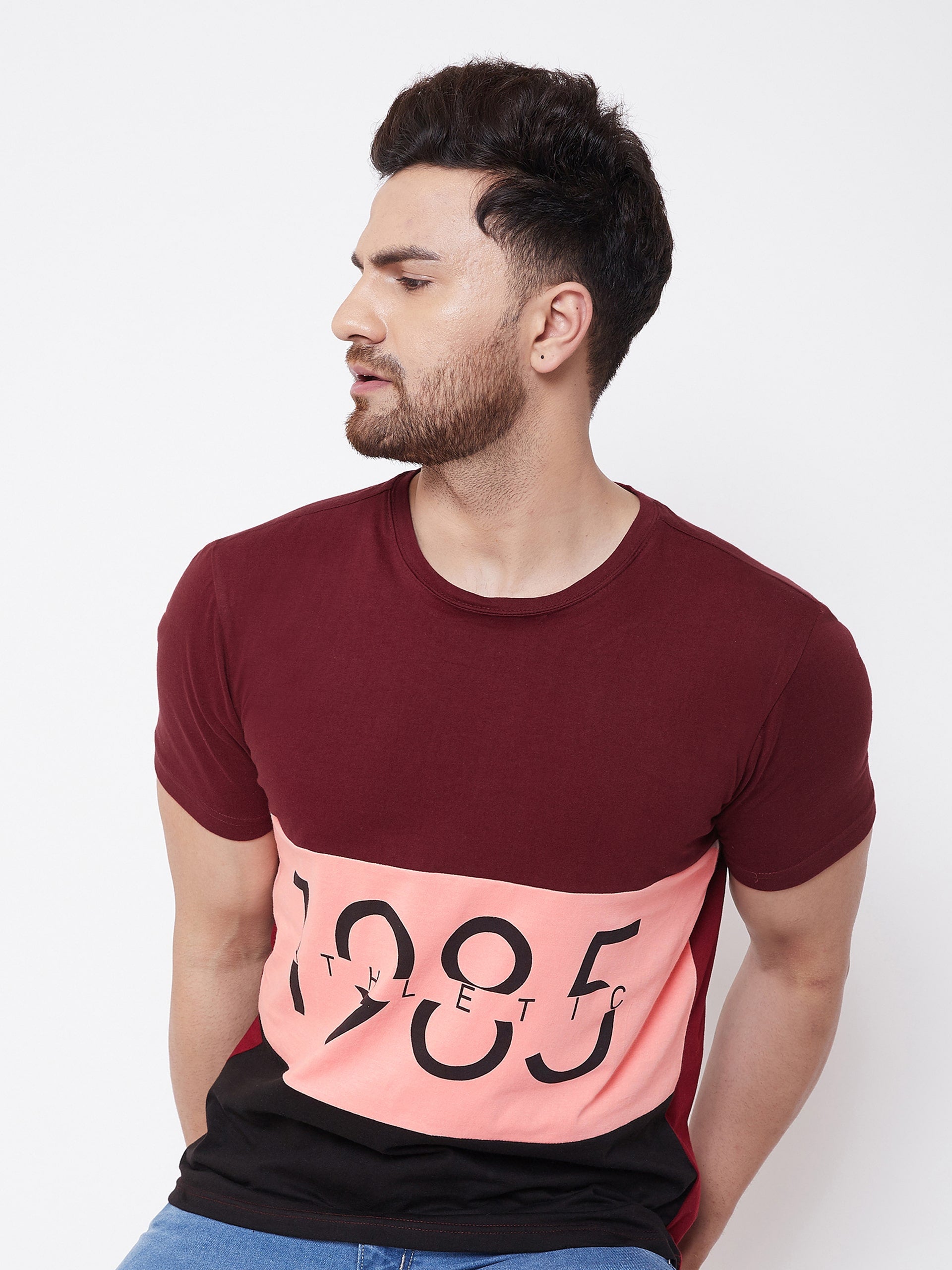 Maroon/Coral/Black Printed Men's Half Sleeves Round Neck T-Shirt