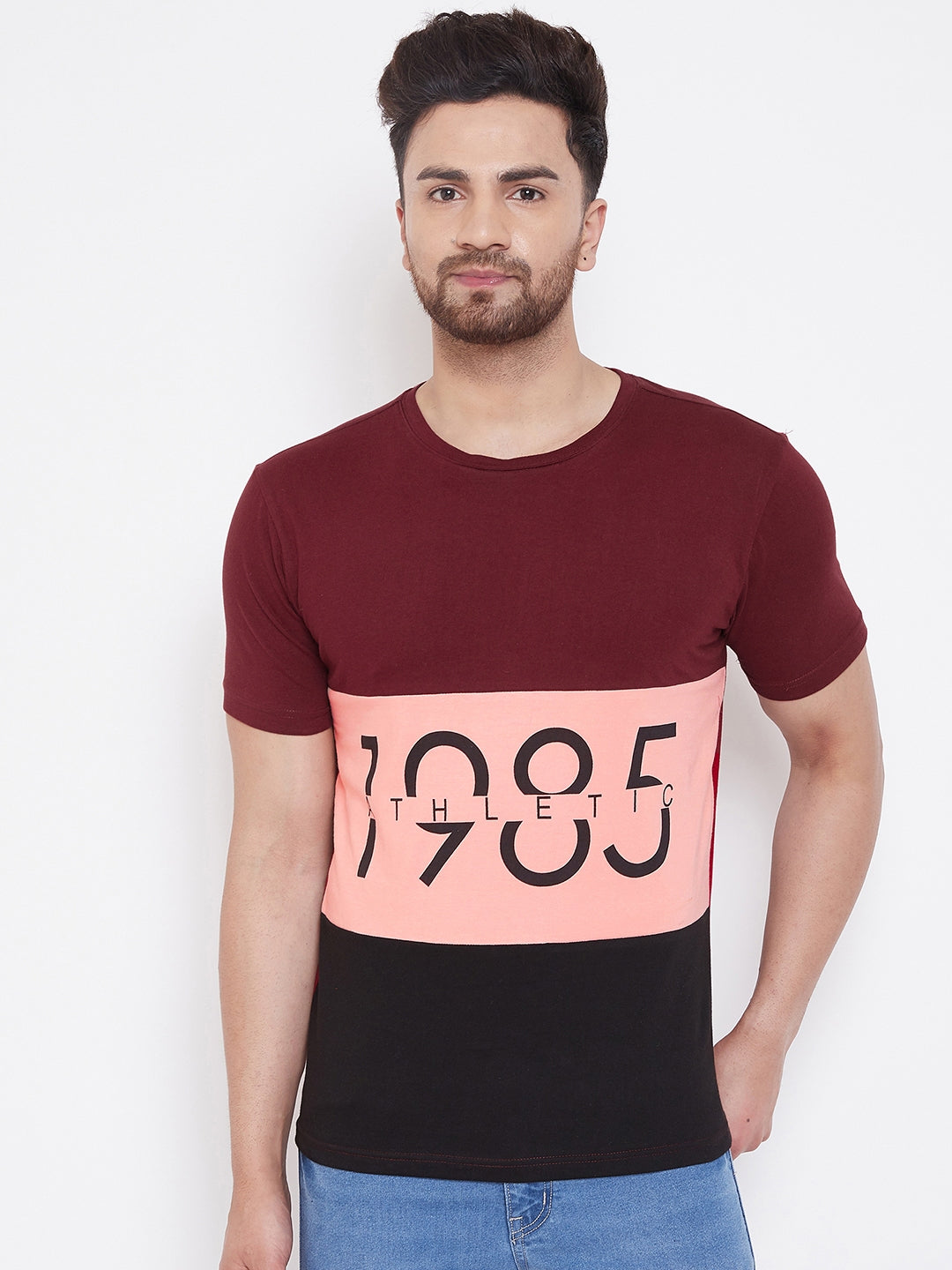 Maroon/Coral/Black Printed Men's Half Sleeves Round Neck T-Shirt
