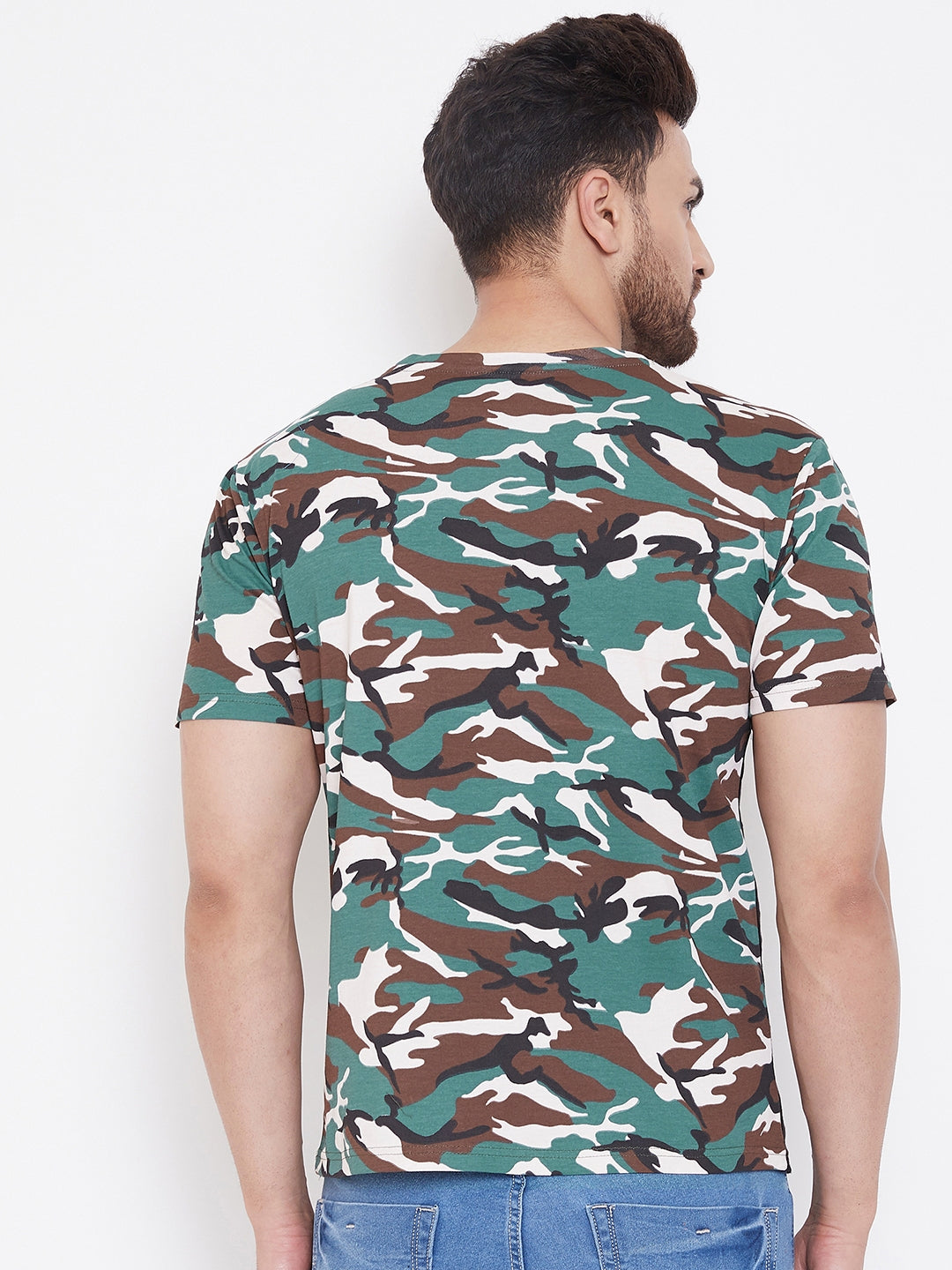 Black/Army Camo Print Men's Half Sleeves Round Neck T-Shirt