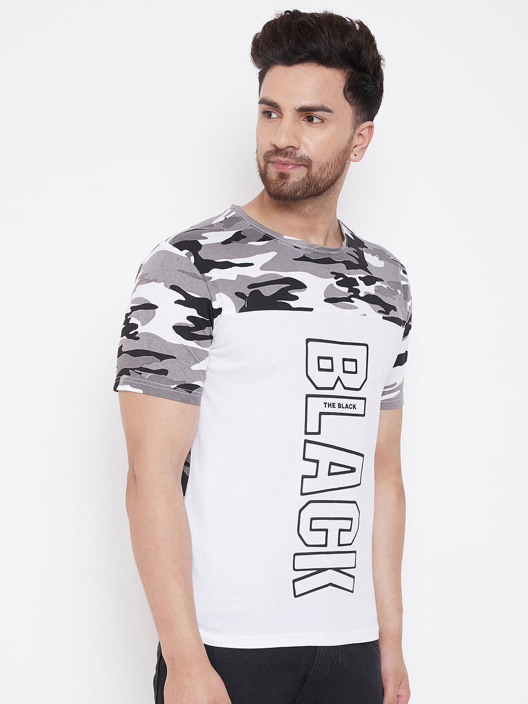 White/Army Camo Print Men's Half Sleeves Round Neck T-Shirt