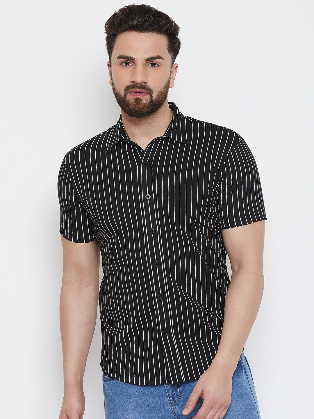 Black/White Half Sleeve Striper Regular Collar Shirt