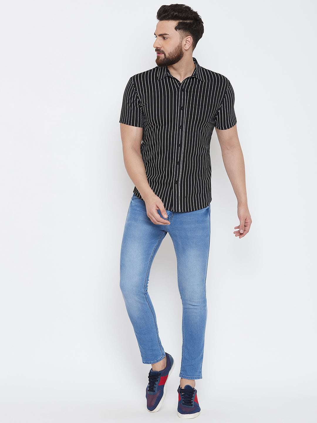 Black/White Half Sleeve Striper Regular Collar Shirt