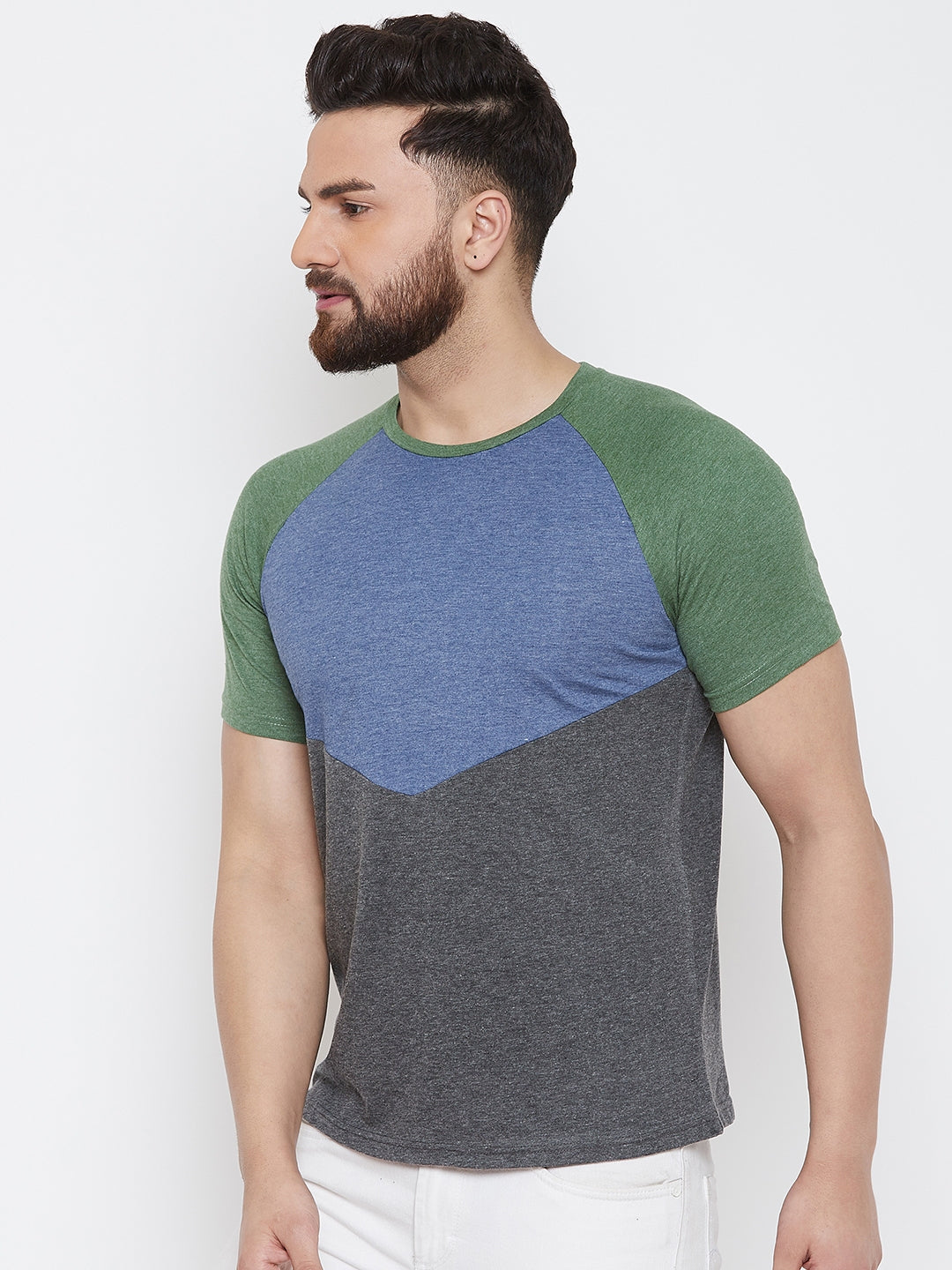 Grey/Blue/Green Half Sleeve Round Neck T-Shirt
