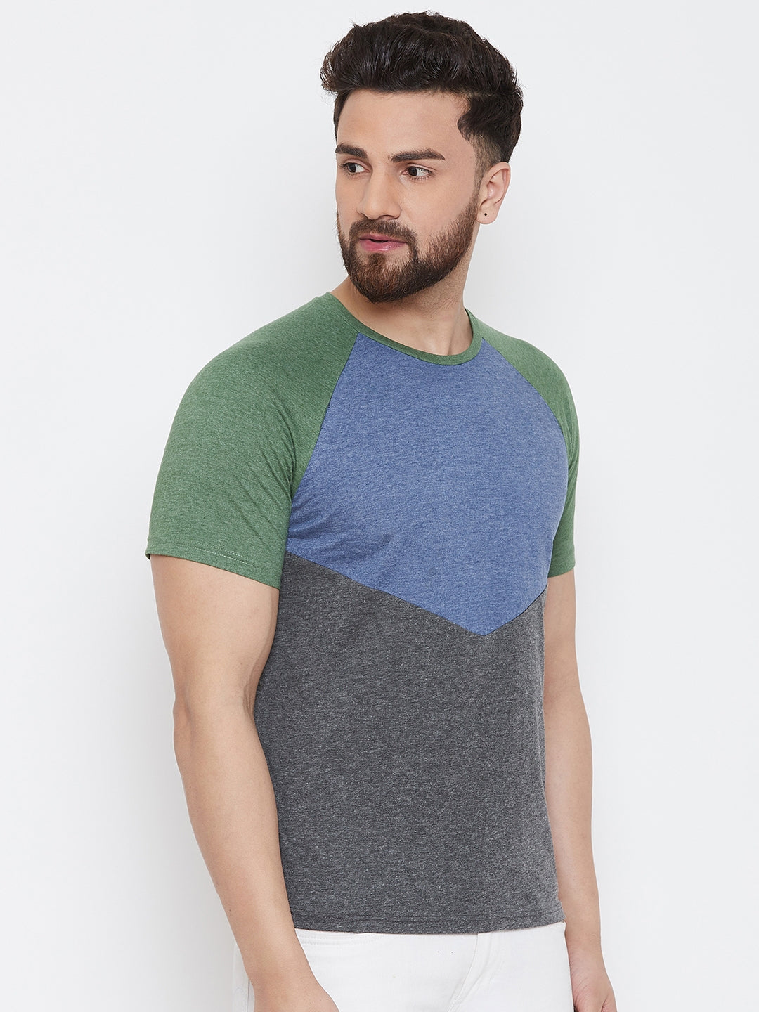 Grey/Blue/Green Half Sleeve Round Neck T-Shirt