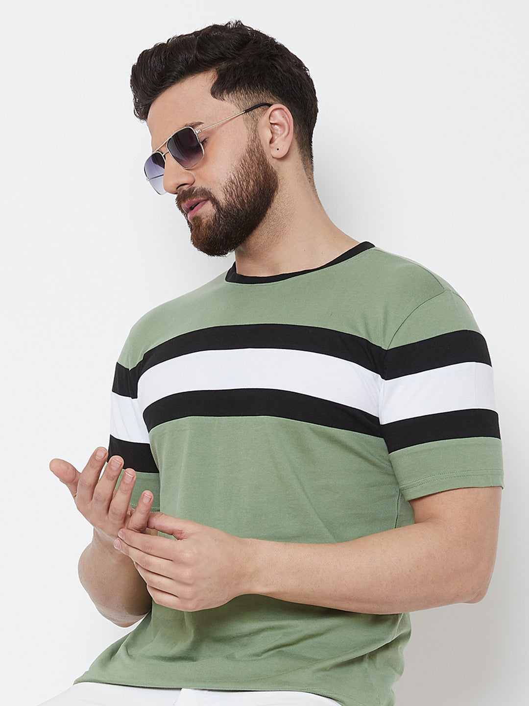 Moss Green/Black/White Half Sleeve Round Neck T-Shirt